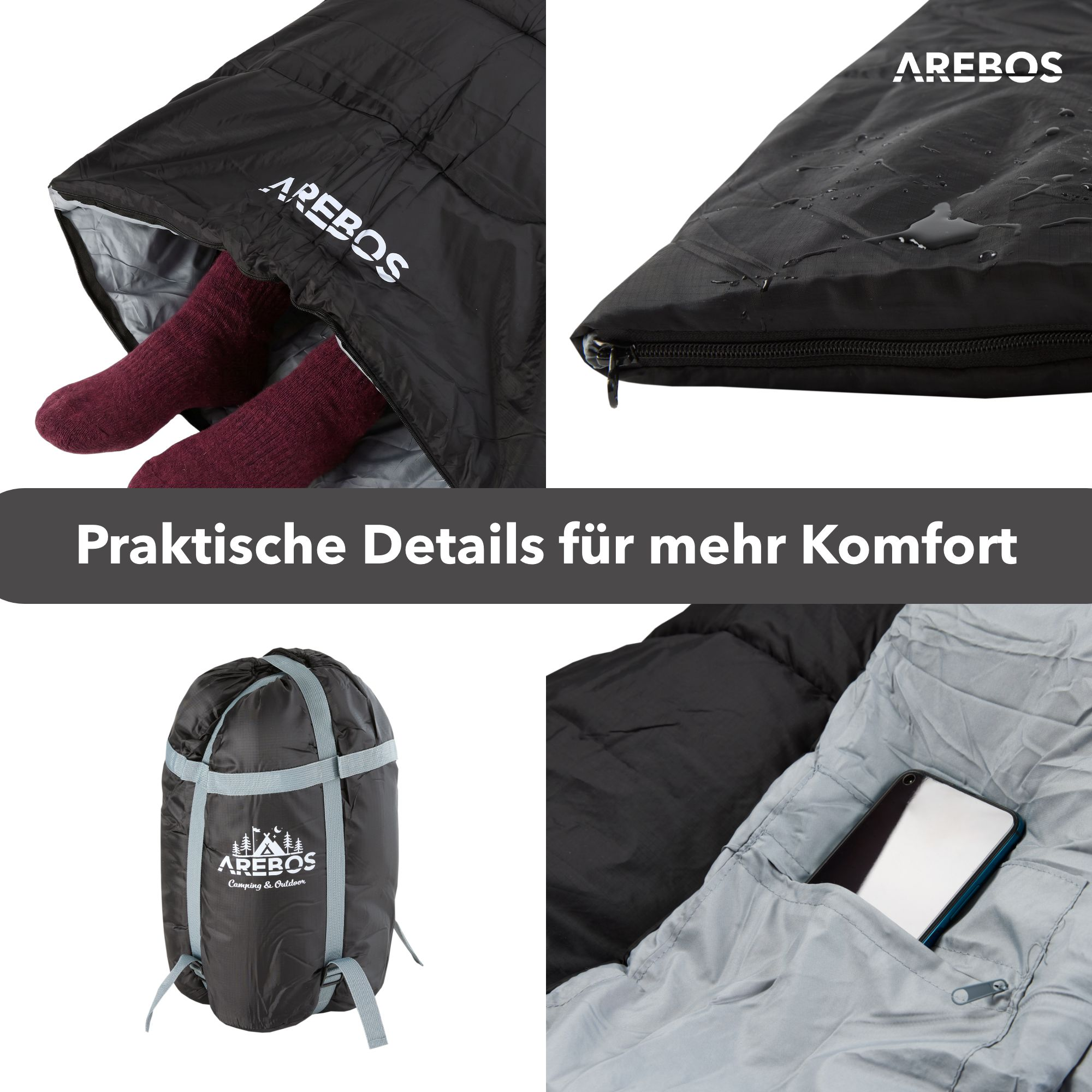 Schwarzer Schlafsack mit roten Socken, Reißverschluss, Packsack und Handy in Tasche.