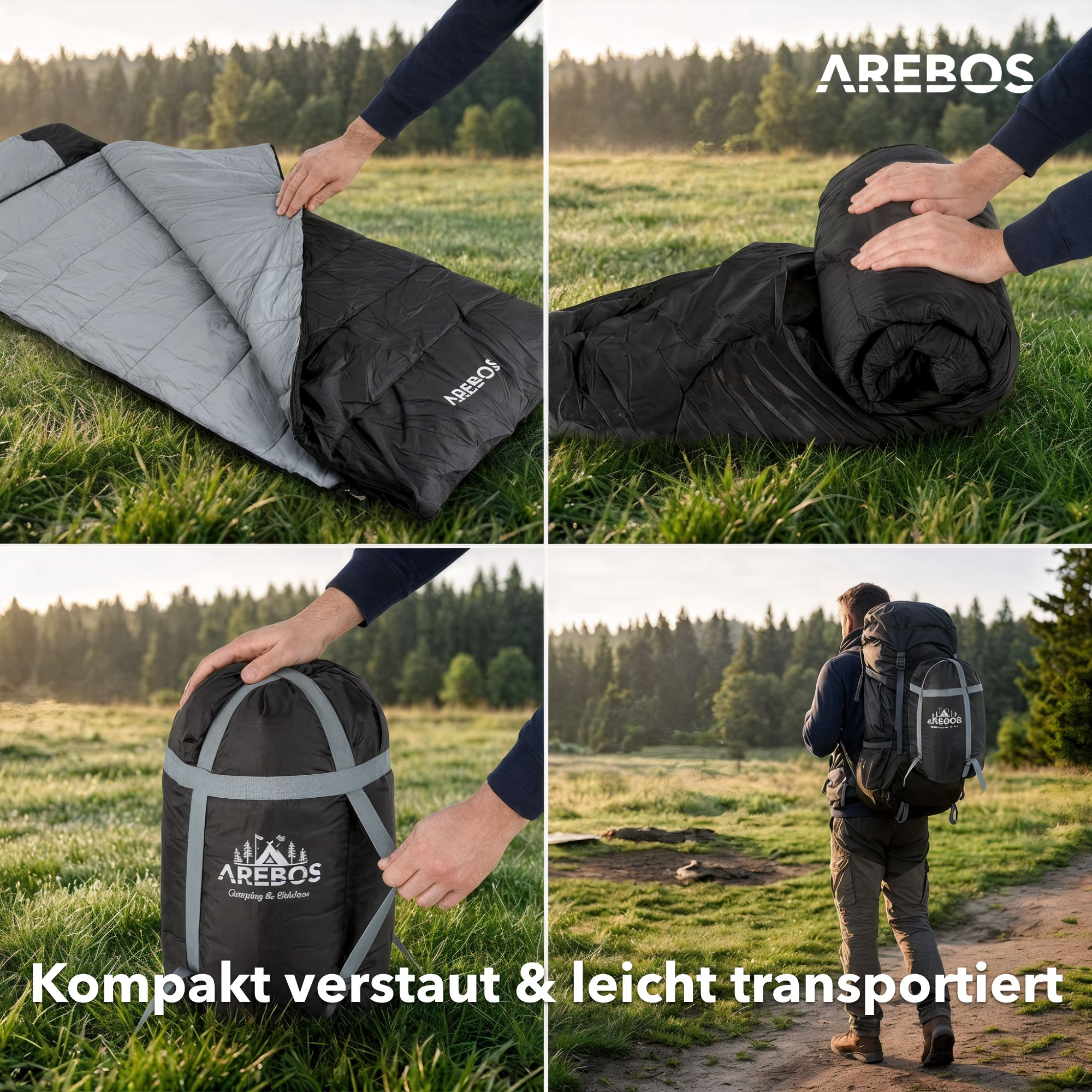 Collage eines Schlafsacks beim Ausrollen, Rollen, Verpacken und eines Wanderers mit Rucksack.