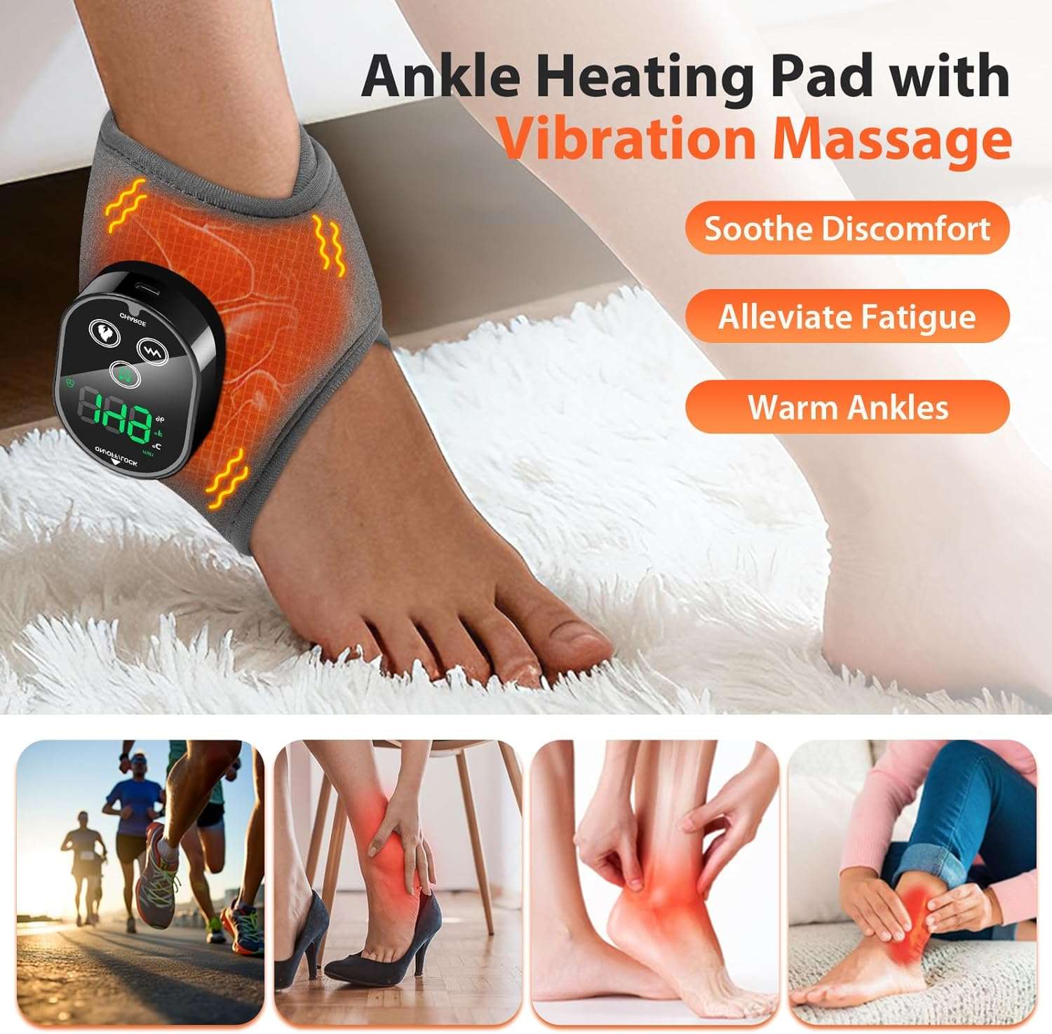 Knöchel-Heizkissen mit Vibrationsmassage. Beruhigt, lindert Müdigkeit, wärmt Knöchel.