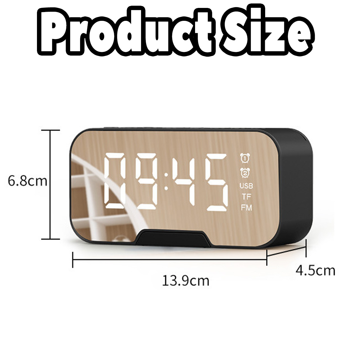 Digitaluhr zeigt 09:45. Maße: L 13,9cm, H 6,8cm, B 4,5cm.