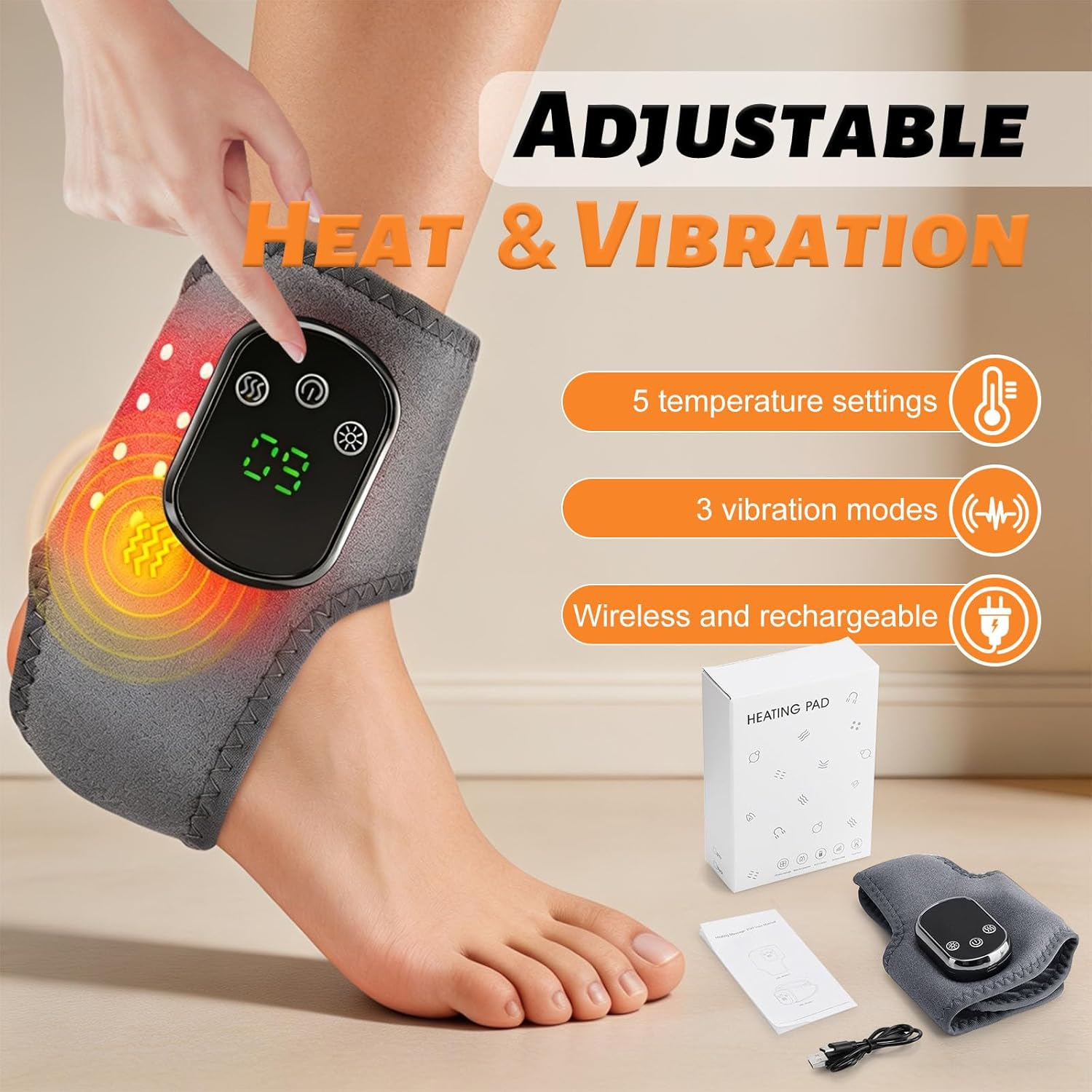 Ein grauer Heiz- und Vibrationsfußwickel mit digitalem Display, nahtlos am Knöchel einer Person befestigt.