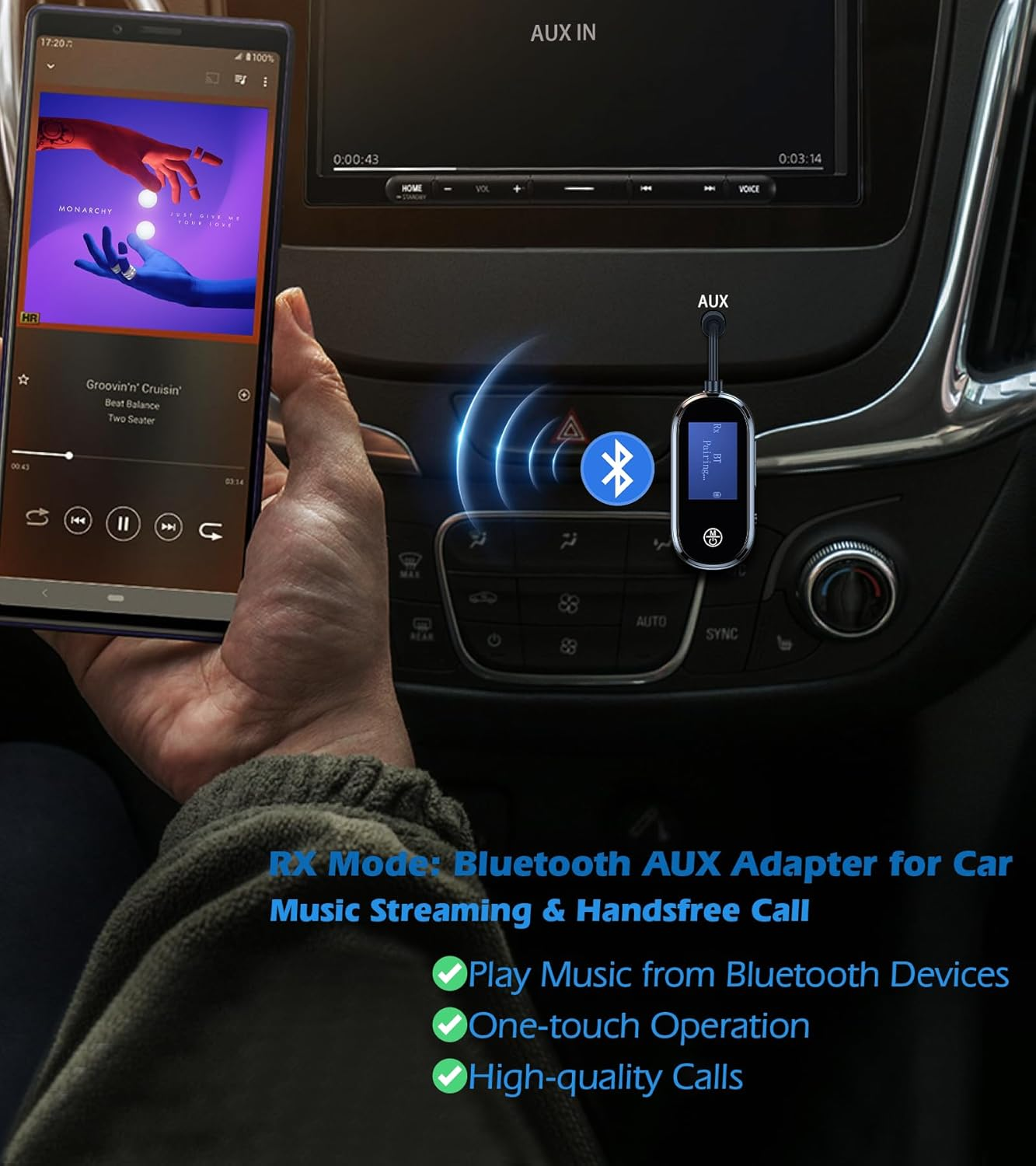 Smartphone verbindet sich mit Bluetooth AUX-Adapter im Auto für Musik und Anrufe.