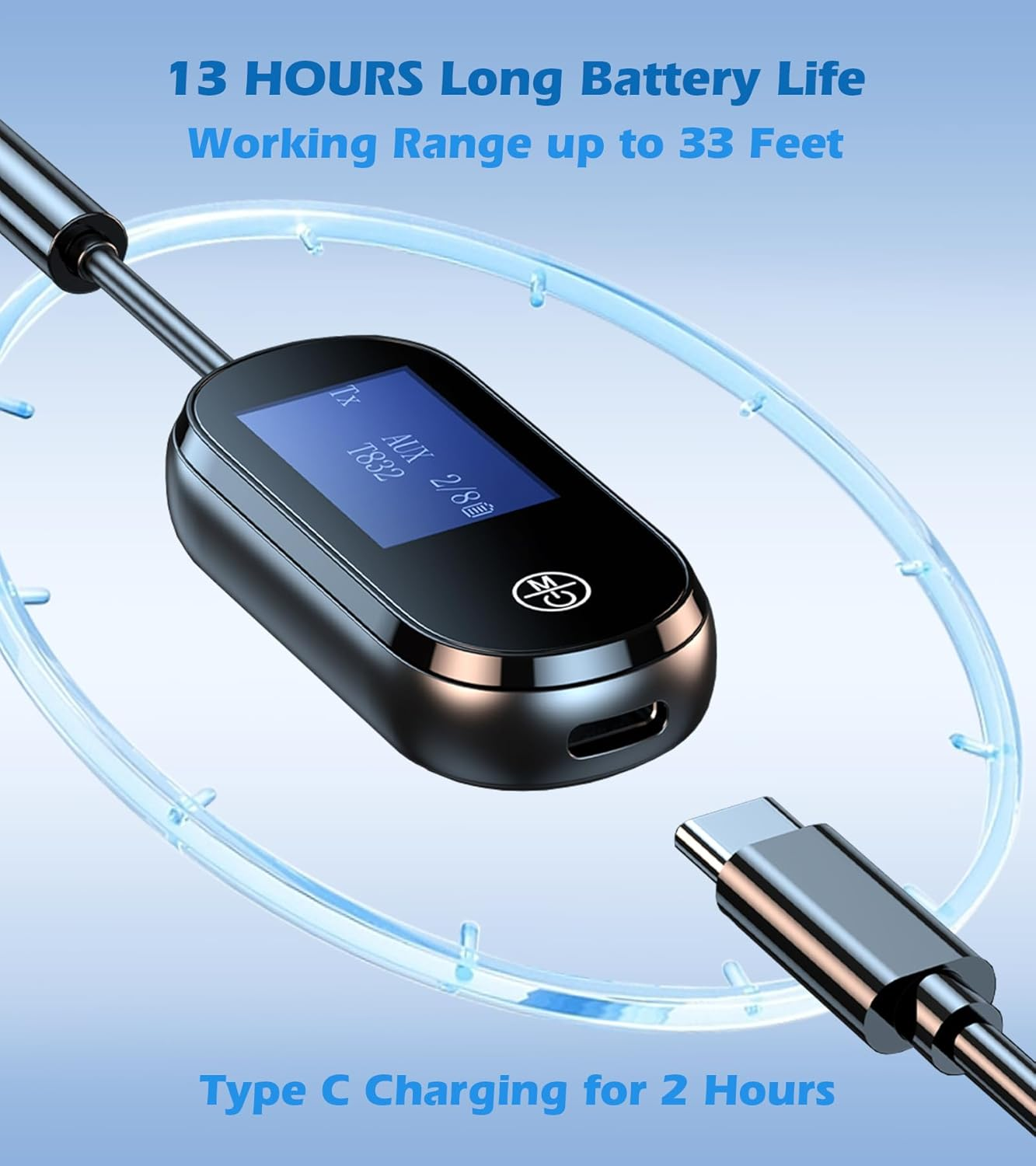 Schwarzer Audio-Sender/-Empfänger mit USB-C-Ladekabel. 13 Std. Akku, 10m Reichweite.
