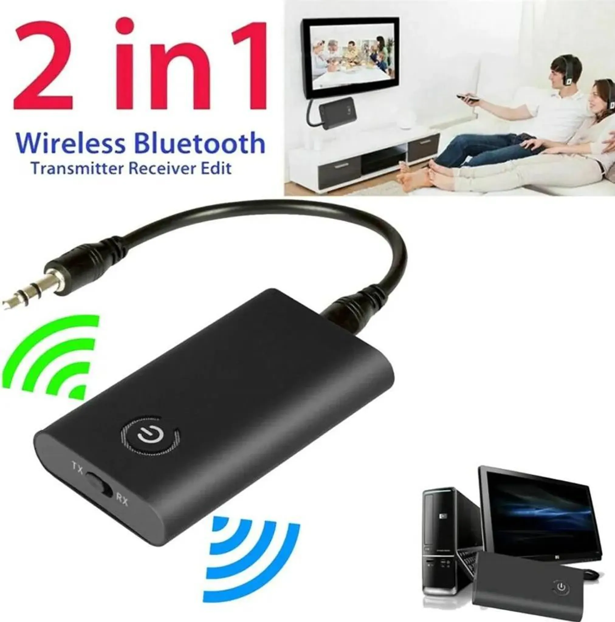 Ein schwarzer Bluetooth-Sender/Empfänger mit Kabel und ein Computer.