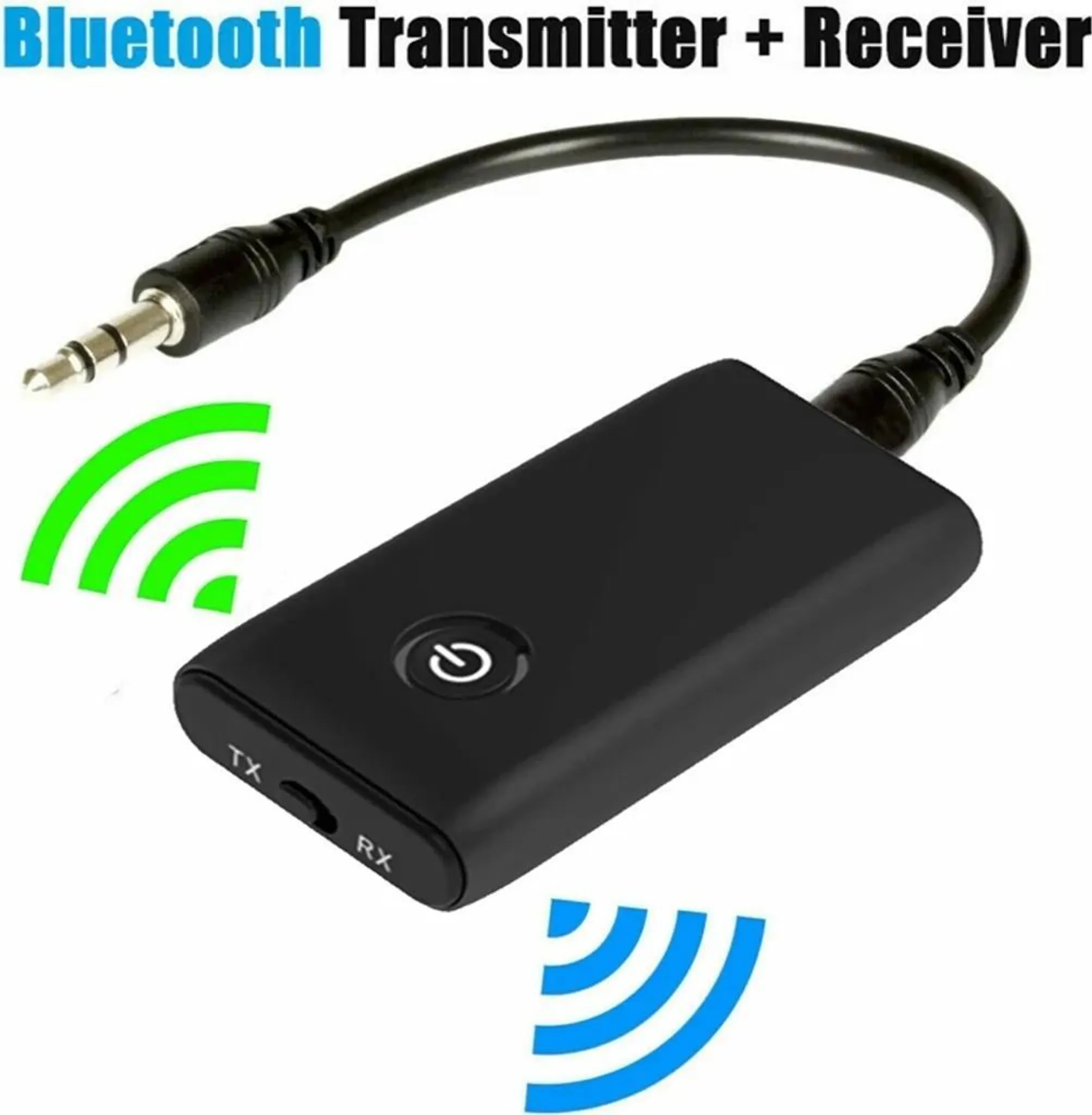 Schwarzer Bluetooth-Sender/-Empfänger mit 3,5-mm-Anschluss, Ein/Aus-Taste und Symbolen.
