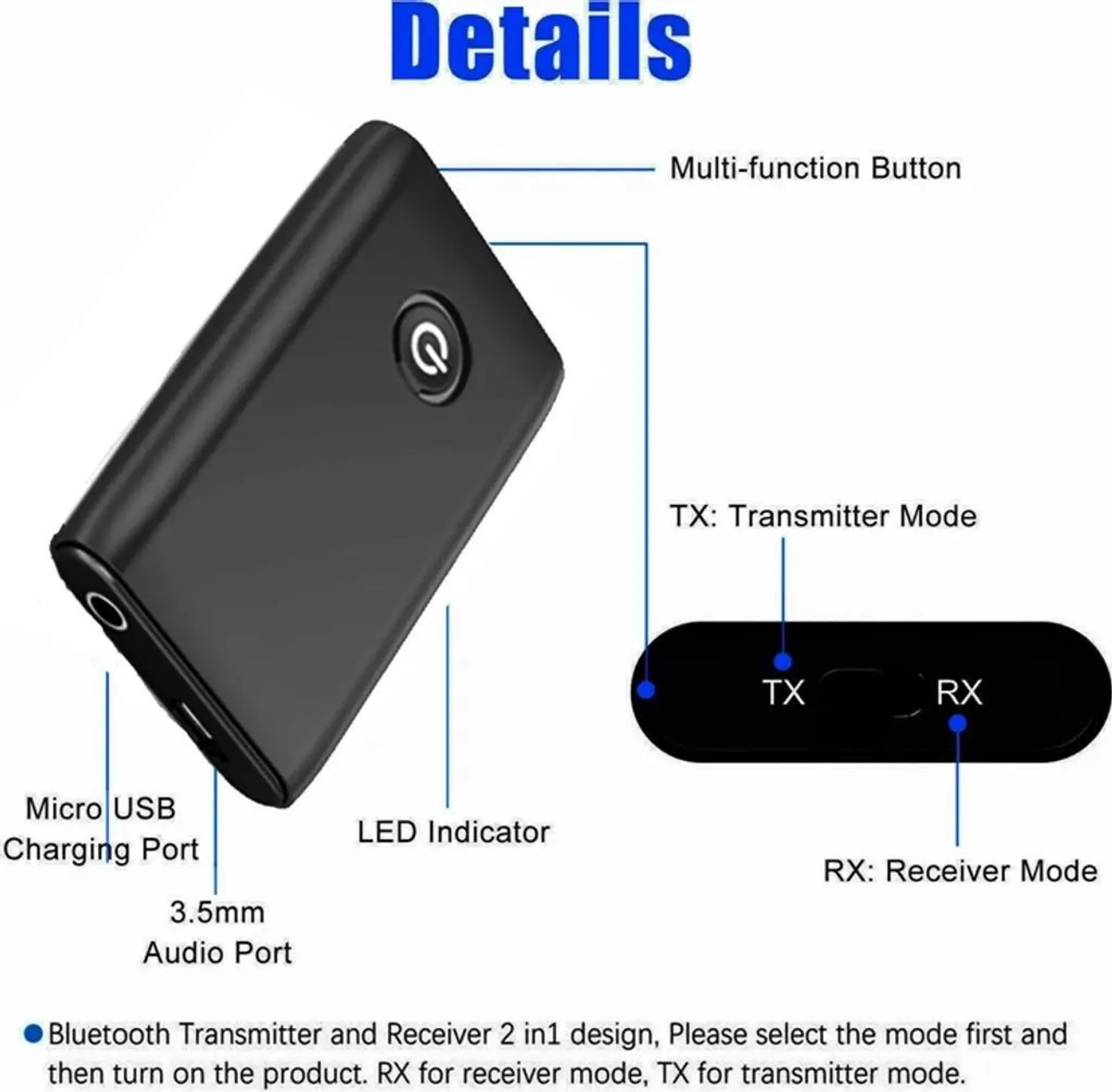 Schwarzer Bluetooth-Sender/Empfänger mit Mikro-USB, 3,5-mm-Audioanschluss, LED und Tasten.