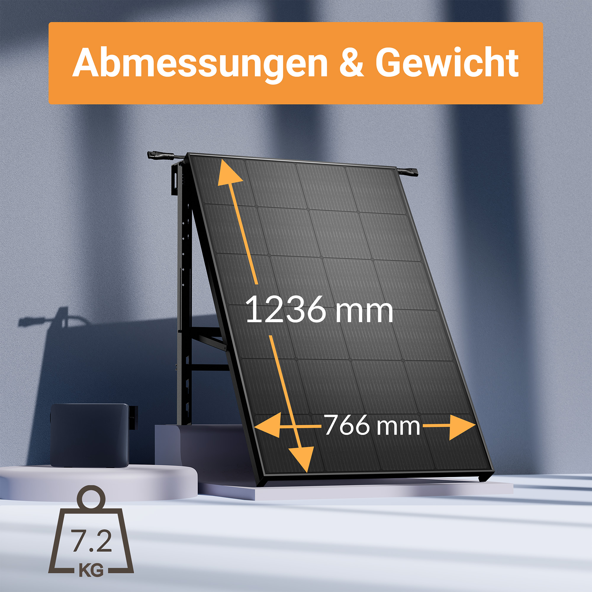 Solarpanel mit Maßen 1236x766 mm und Gewicht 7.2 kg.