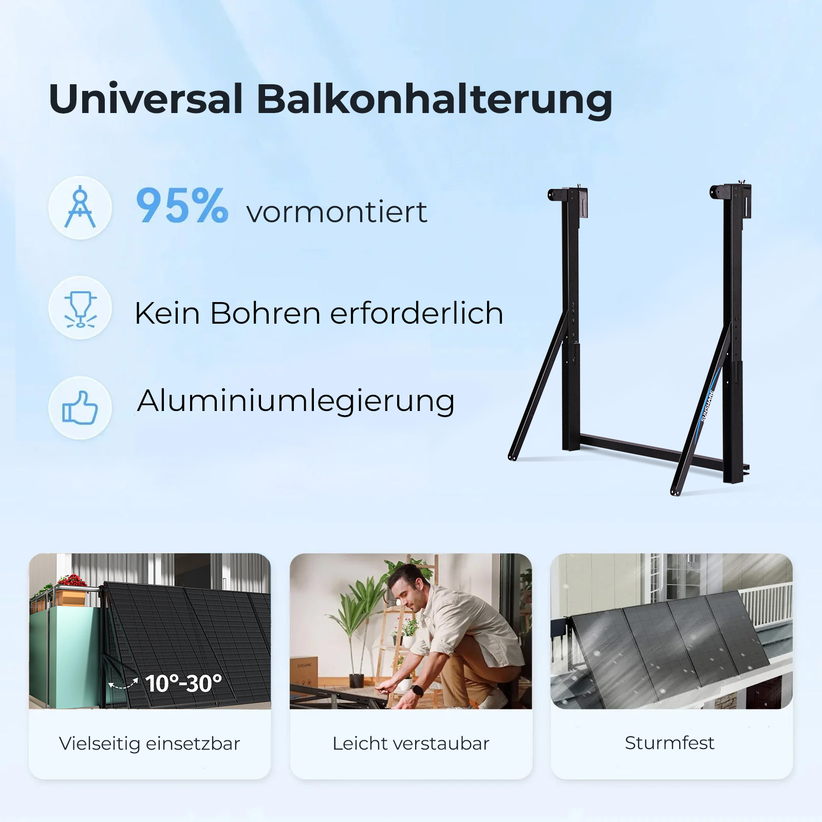 Universelle Balkonhalterung, 95% vormontiert, kein Bohren, Aluminiumlegierung.