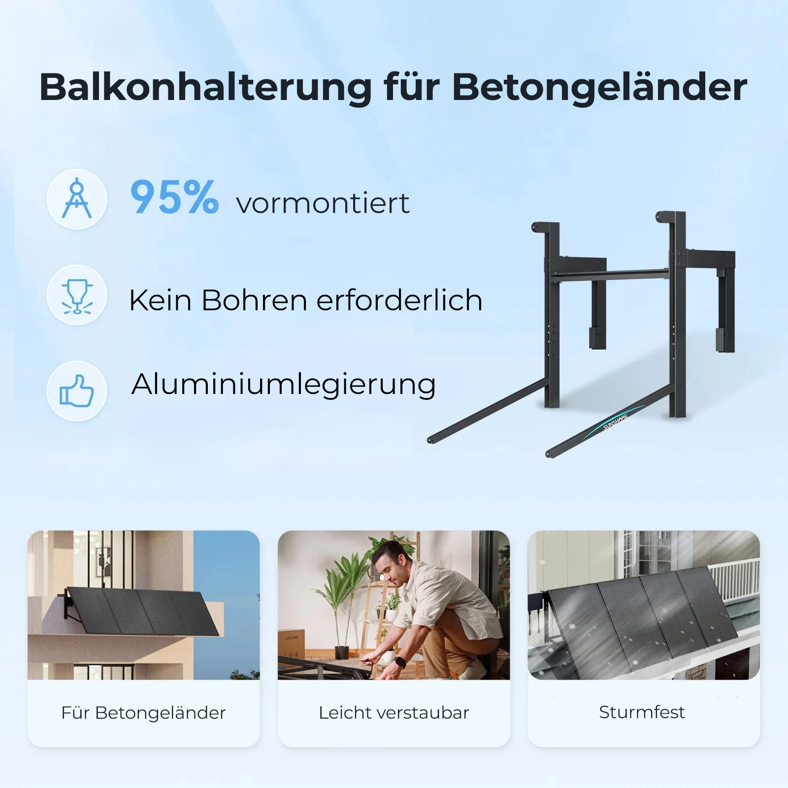 Balkonhalterung 95% vormontiert, kein Bohren, Aluminiumlegierung. Bilder zeigen Montage, Verstauen, Sturm.
