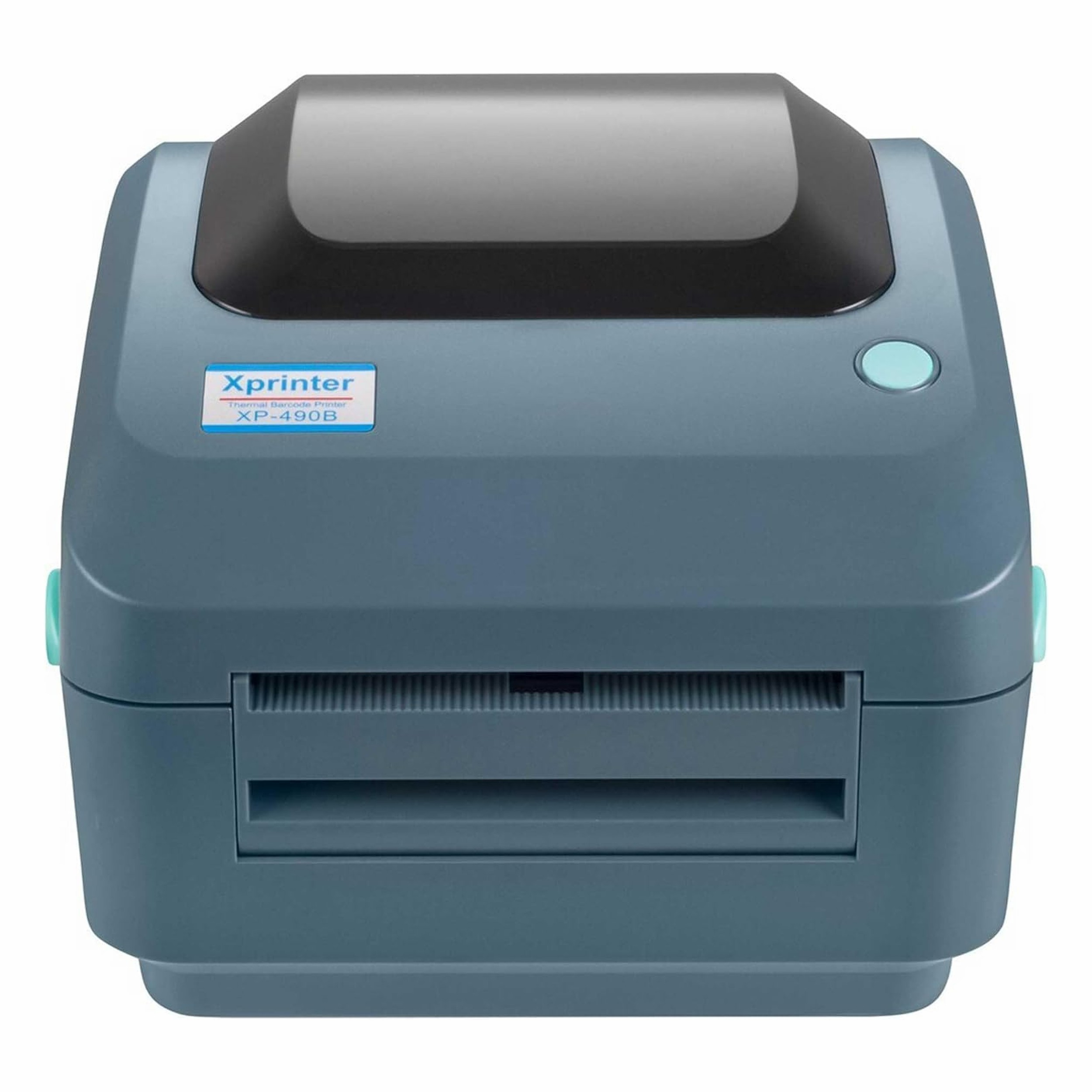 Siyah kapaklı ve turkuaz düğmeli mavi Xprinter XP-490B termal yazıcı.