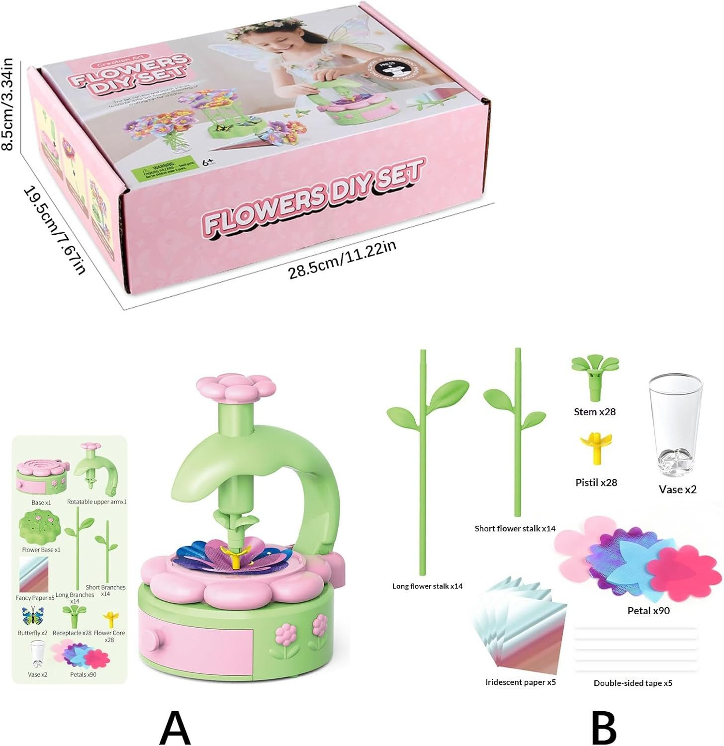 Blumen-Bastelset mit Maschine, Teilen und Anleitung auf der Verpackung.