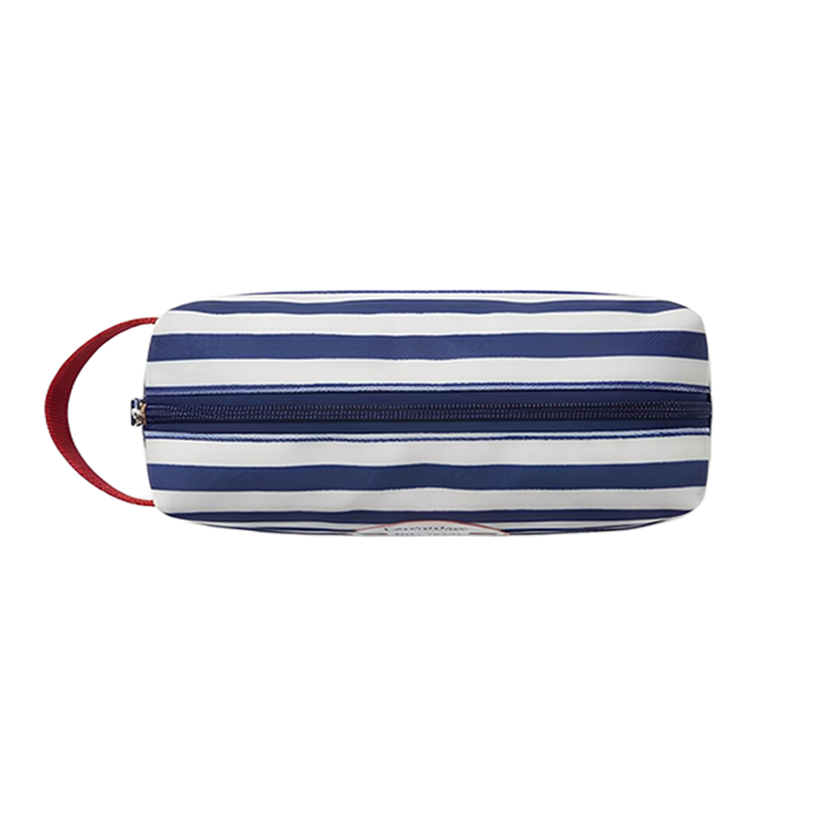 Eine blau-weiß gestreifte Kosmetiktasche mit roter Schlaufe und Reißverschluss.