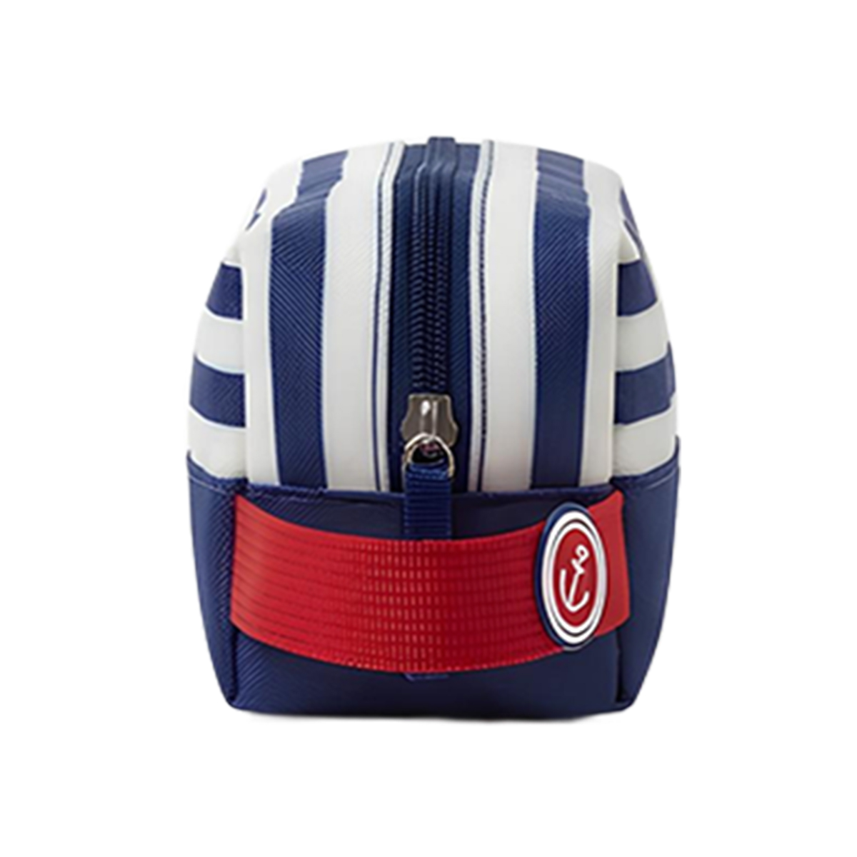Blau-weiße gestreifte Tasche mit rotem Band und Anker-Emblem.