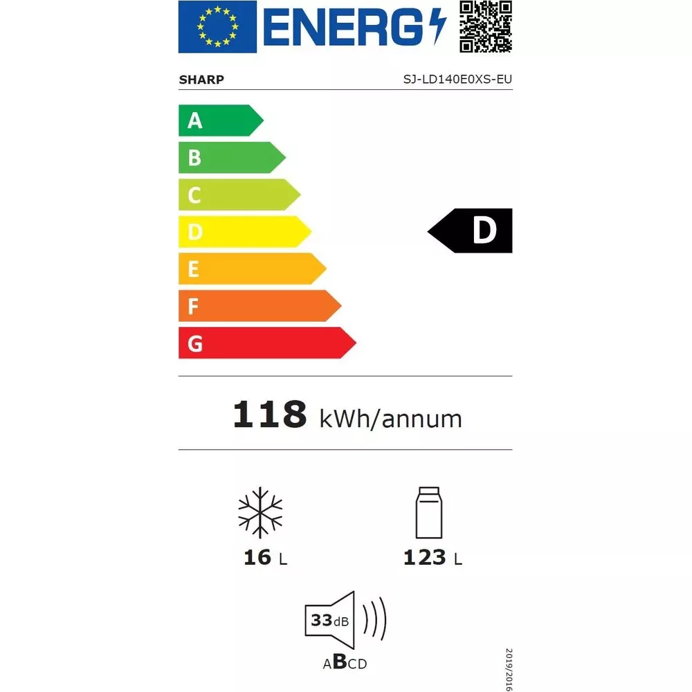 Energielabel für einen Sharp Kühlschrank, Energieeffizienzklasse D.
