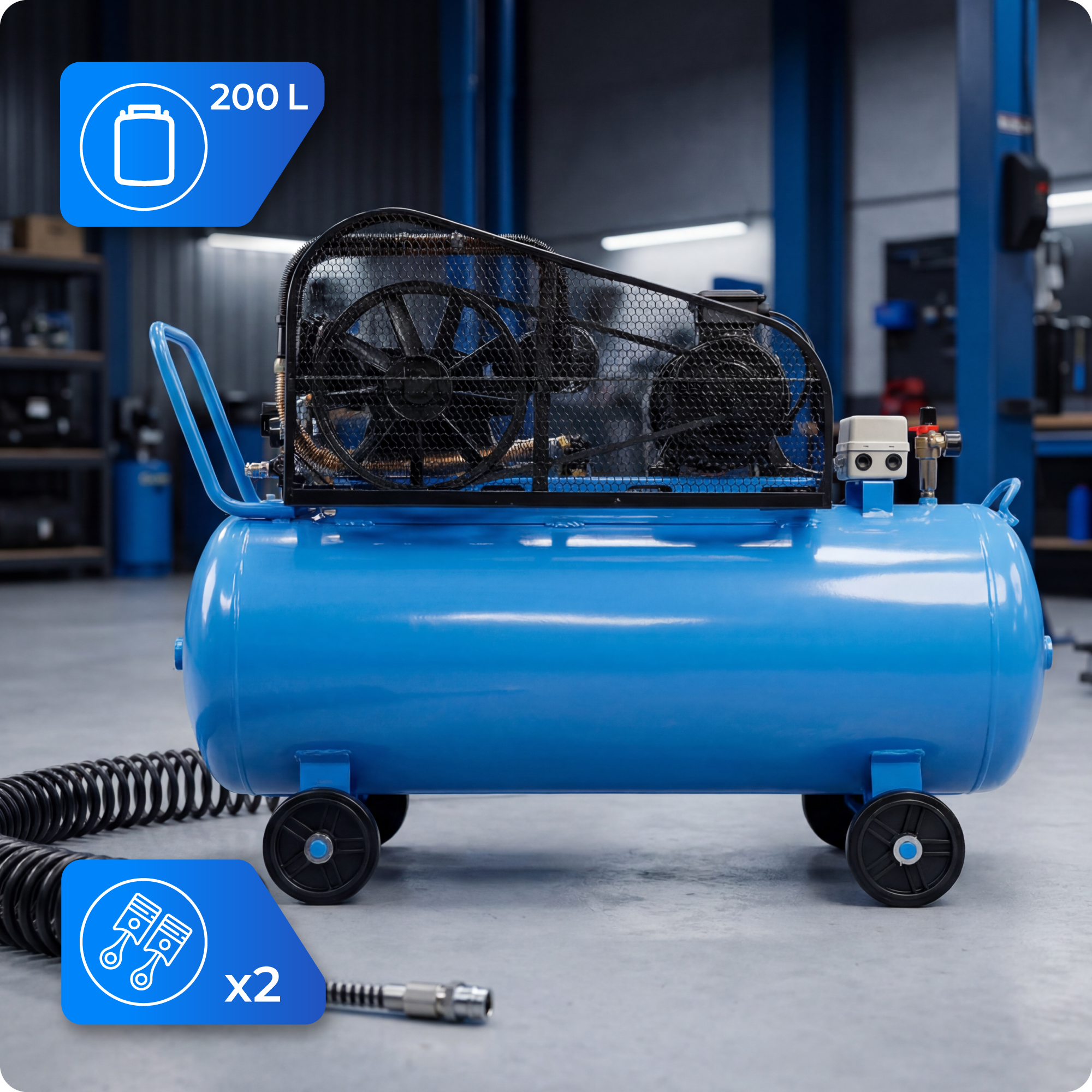 Ein blauer 200-Liter-Kompressor mit zwei Kolben, Rädern und Schlauch.