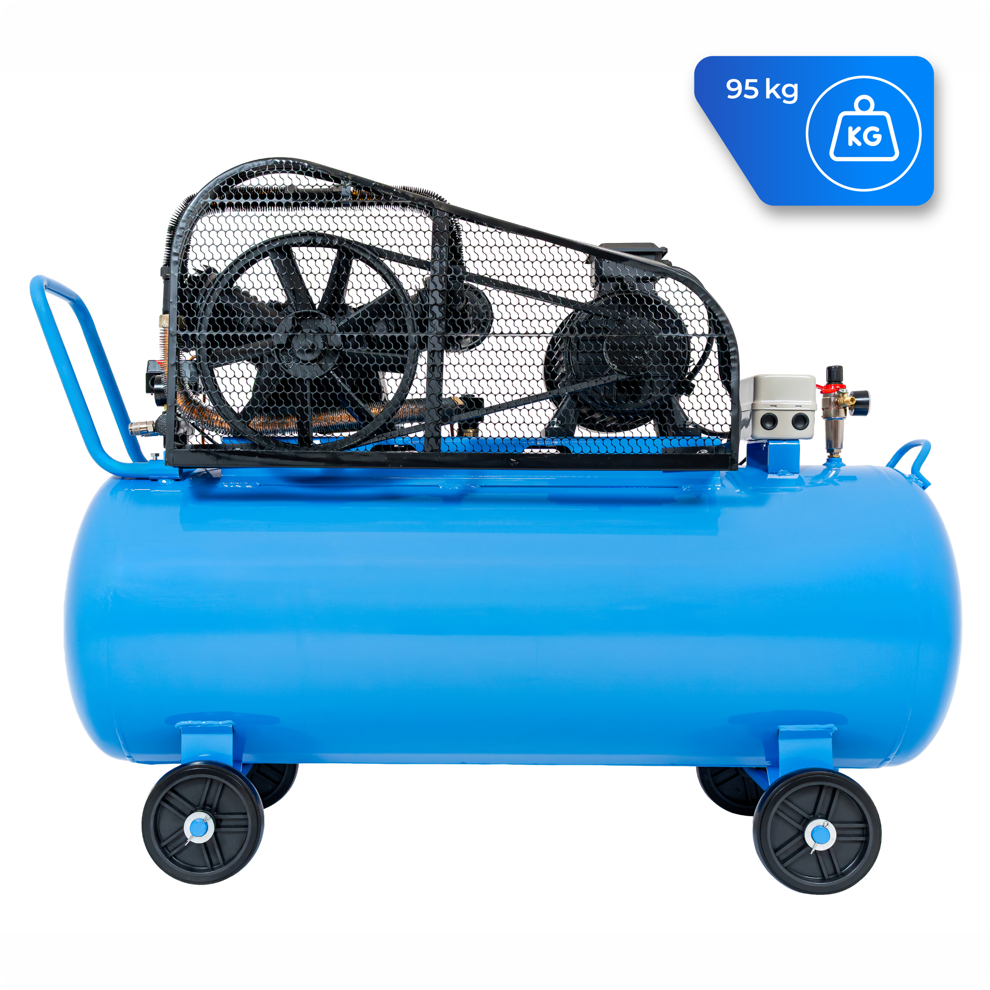 Blauer Kompressor auf Rädern mit schwarzem Gitter und Riemensystem. 95 kg.