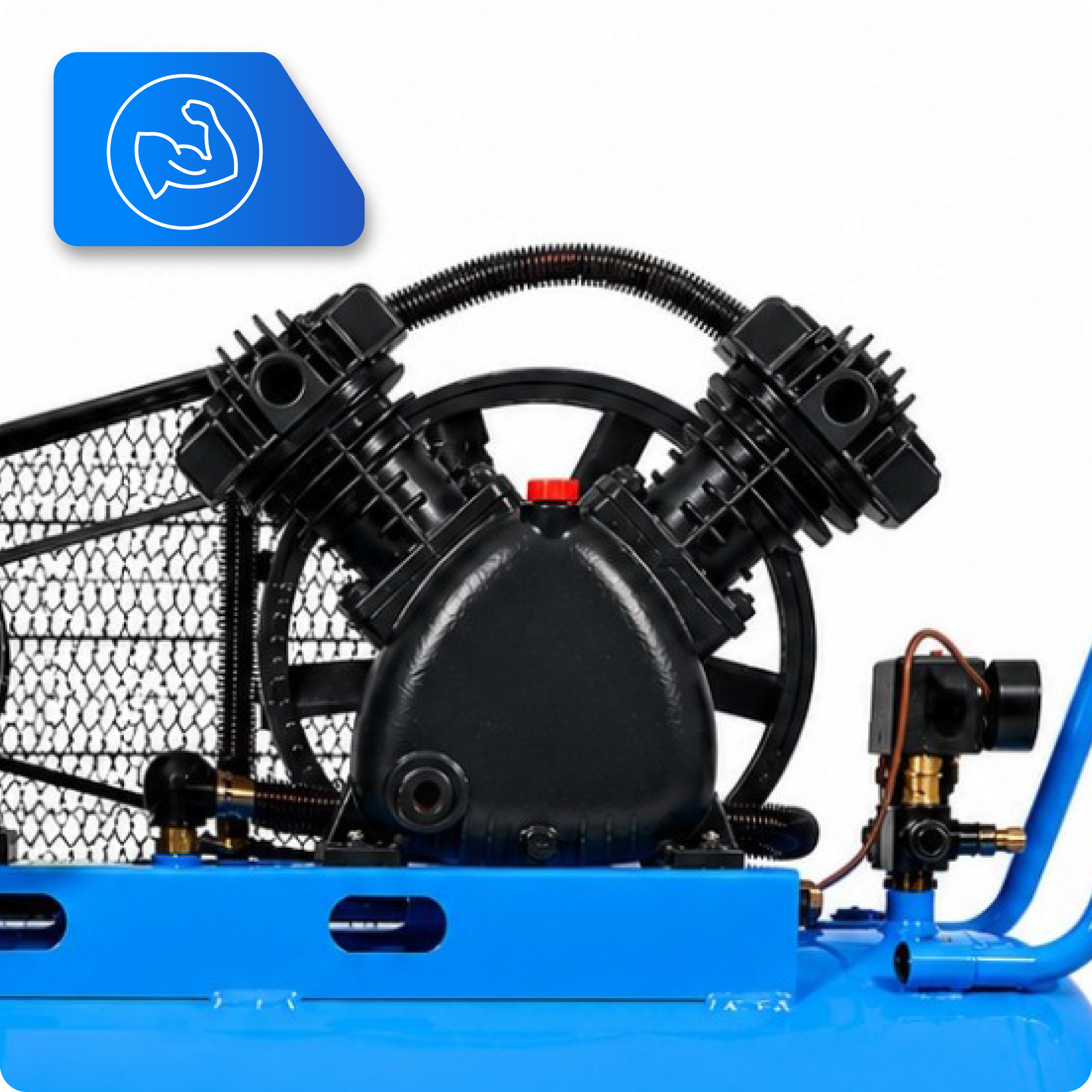 Ein blauer Kompressortank mit schwarzen Motoren und Metallteilen.