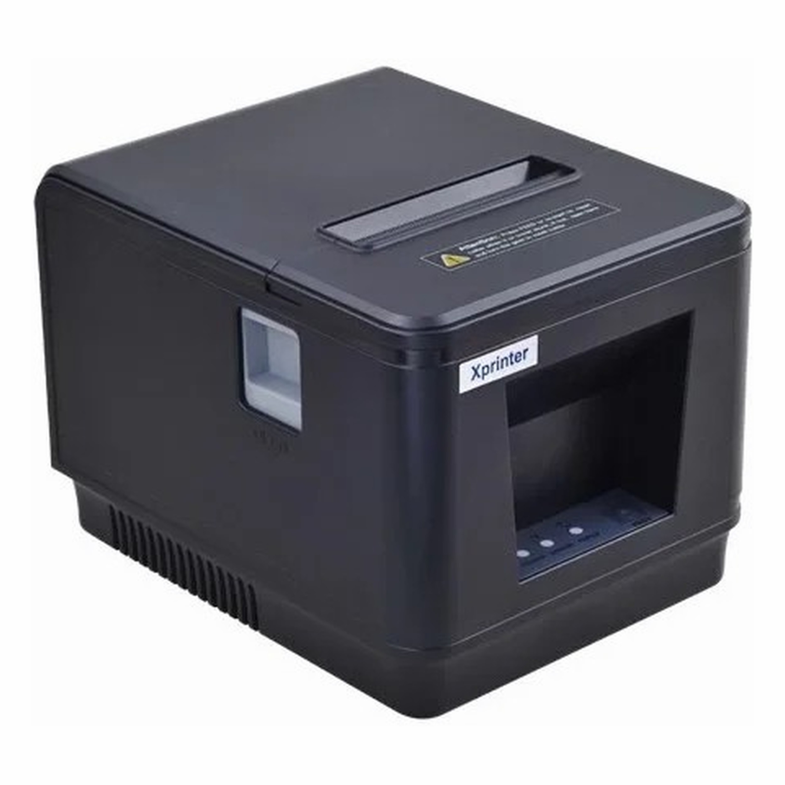 Havalandırma deleri ve kontrol düğmeleri olan siyah bir Xprinter yazıcı.