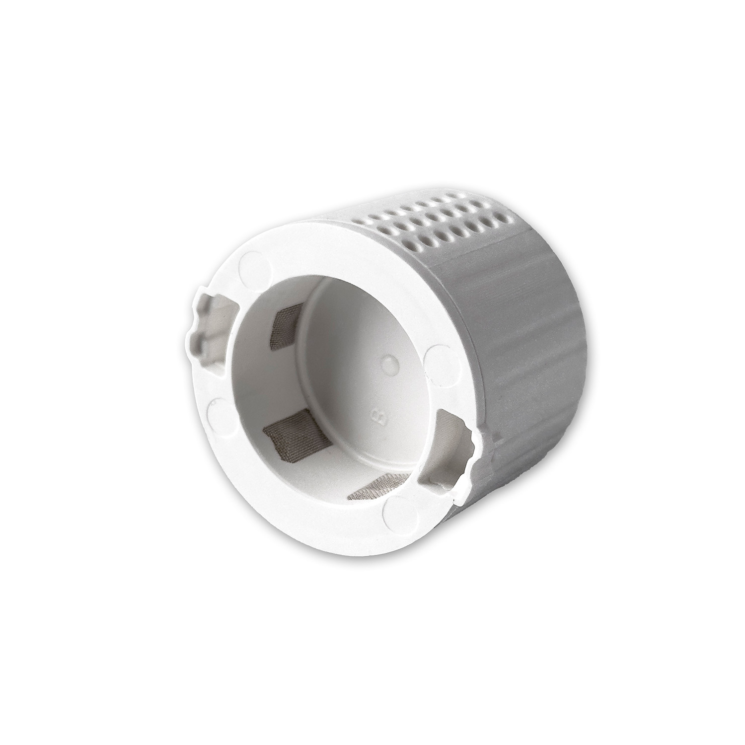Un filtro bianco in plastica con piccoli fori e un inserto in rete.