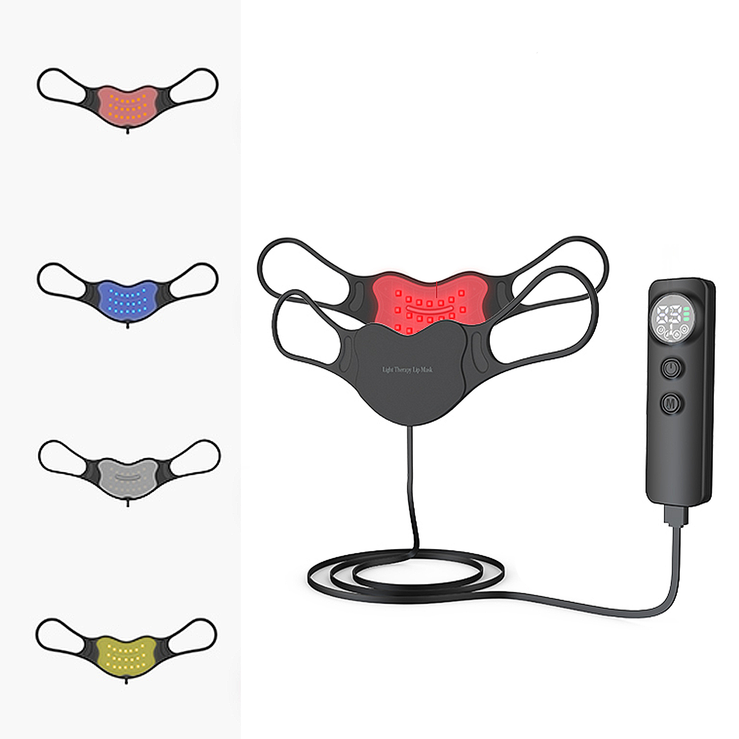 Un juego de mascarilla de labios de fototerapia con control remoto y varios colores.
