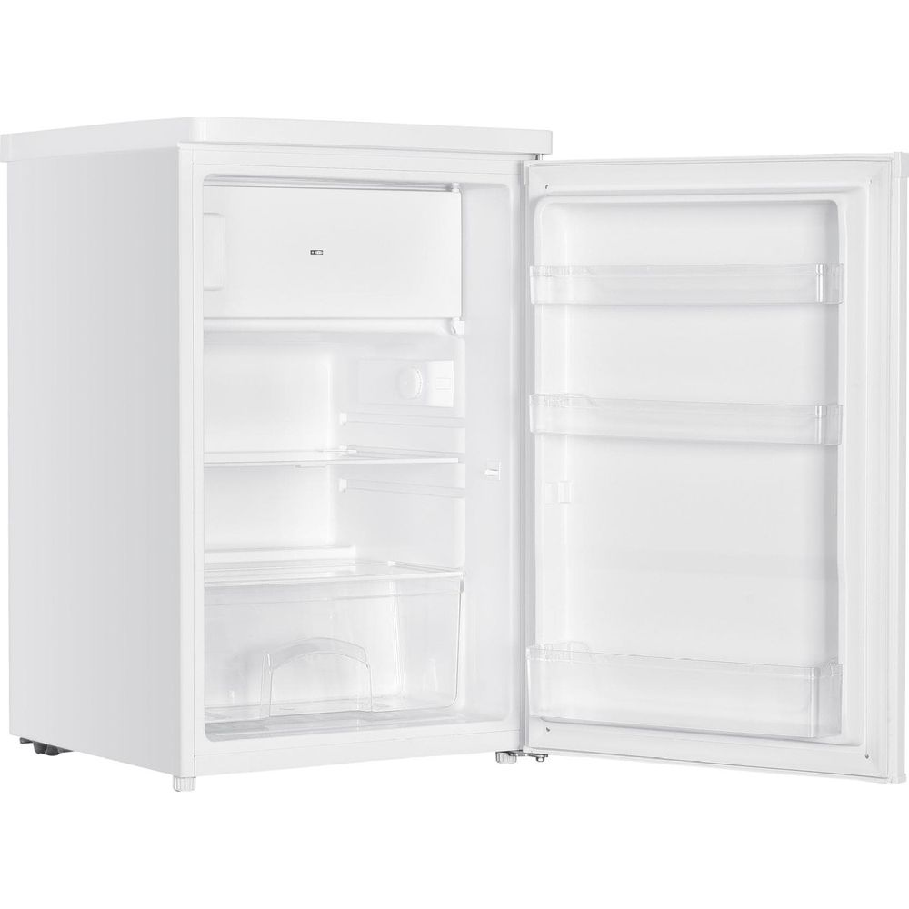 Ein weißer Kühlschrank mit offener Tür. Innen sind Regale und eine Schublade.