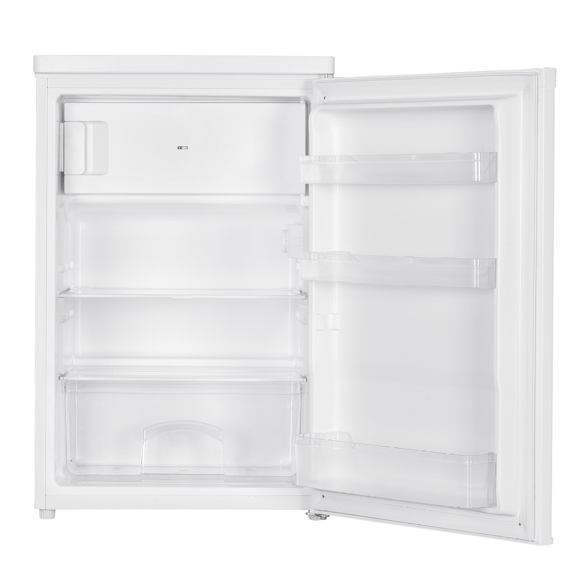 Ein leerer, weißer Kühlschrank mit offener Tür und transparenten Fächern.