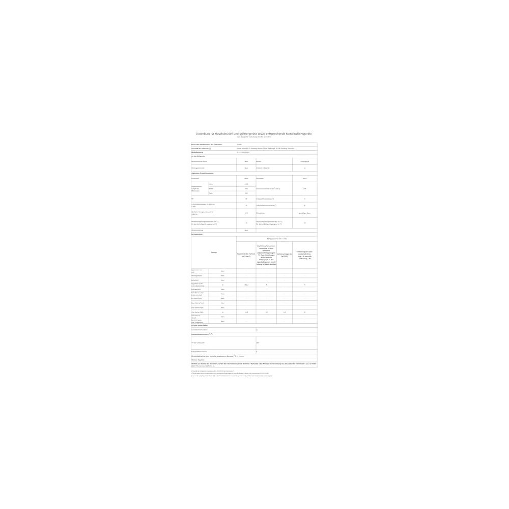 Datenblatt für Kühl-/Gefrierkombinationen mit technischen Daten und Energieeffizienzklassen.