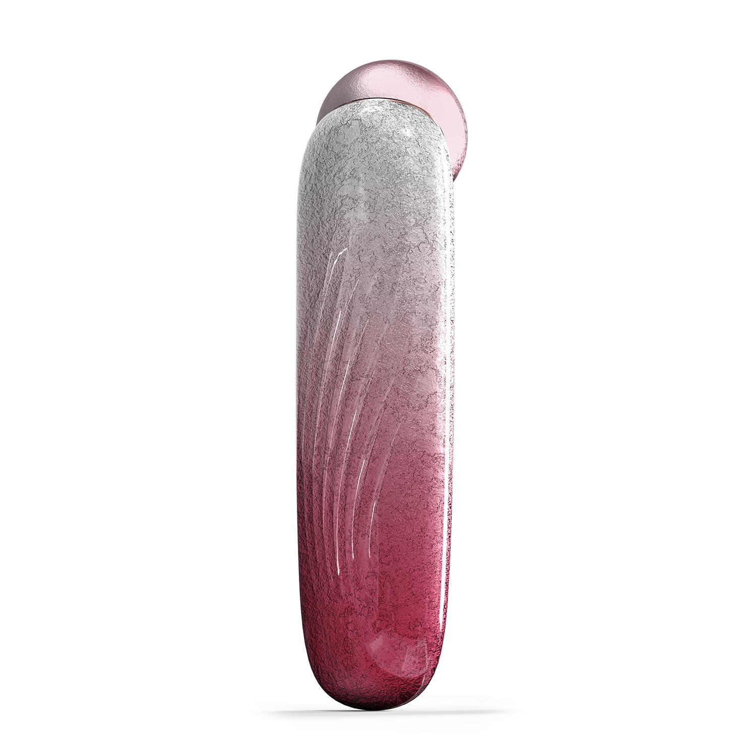 Oggetto allungato e arrotondato con texture sfumata da grigio chiaro a rosa.