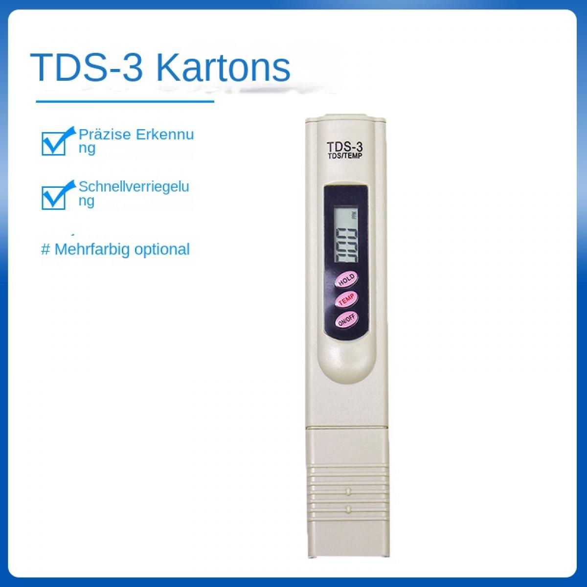 Ein TDS-3 Messgerät mit LCD-Display und drei Knöpfen auf hellem Hintergrund.
