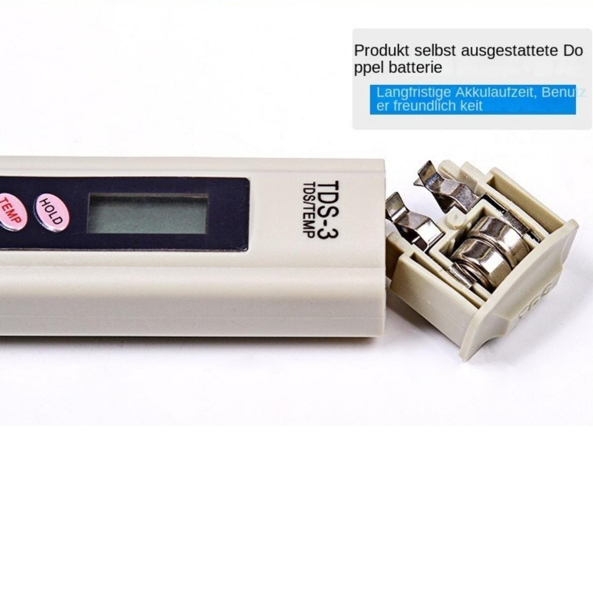 TDS-3 Messgerät mit Batteriefach und zwei Batterien.