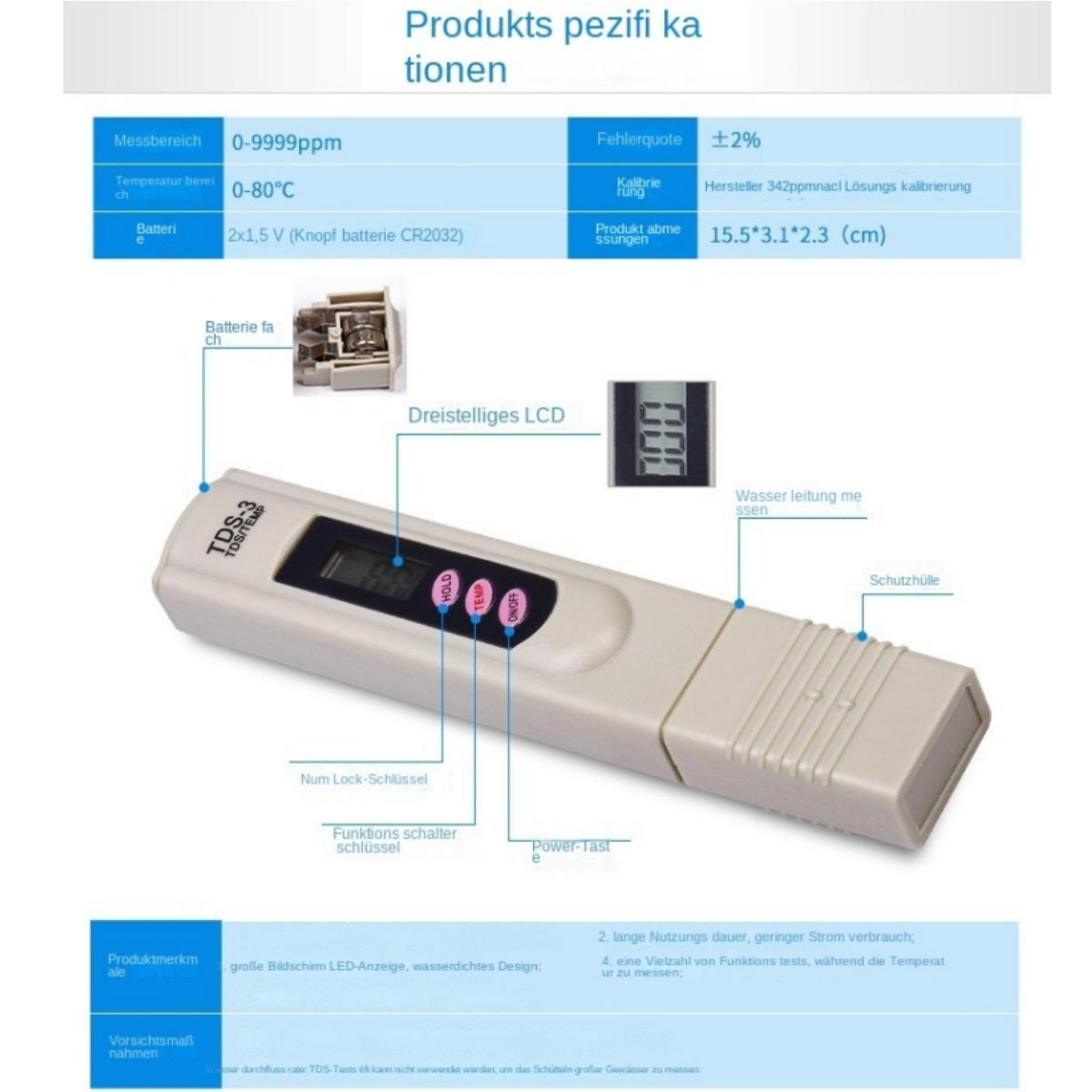 Ein weißer TDS-Messgerät mit einem LCD-Display, Tasten und Beschriftungen, die seine Funktionen erklären.