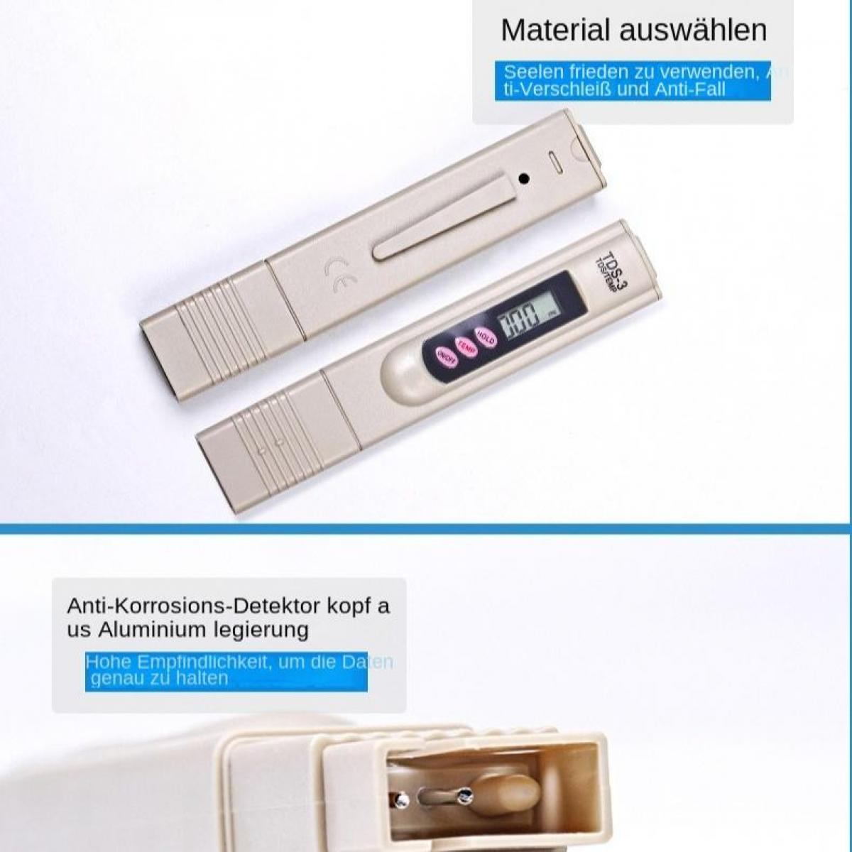 Zwei digitale TDS-Messgeräte in Beige auf weißem Hintergrund. Eines zeigt 000.