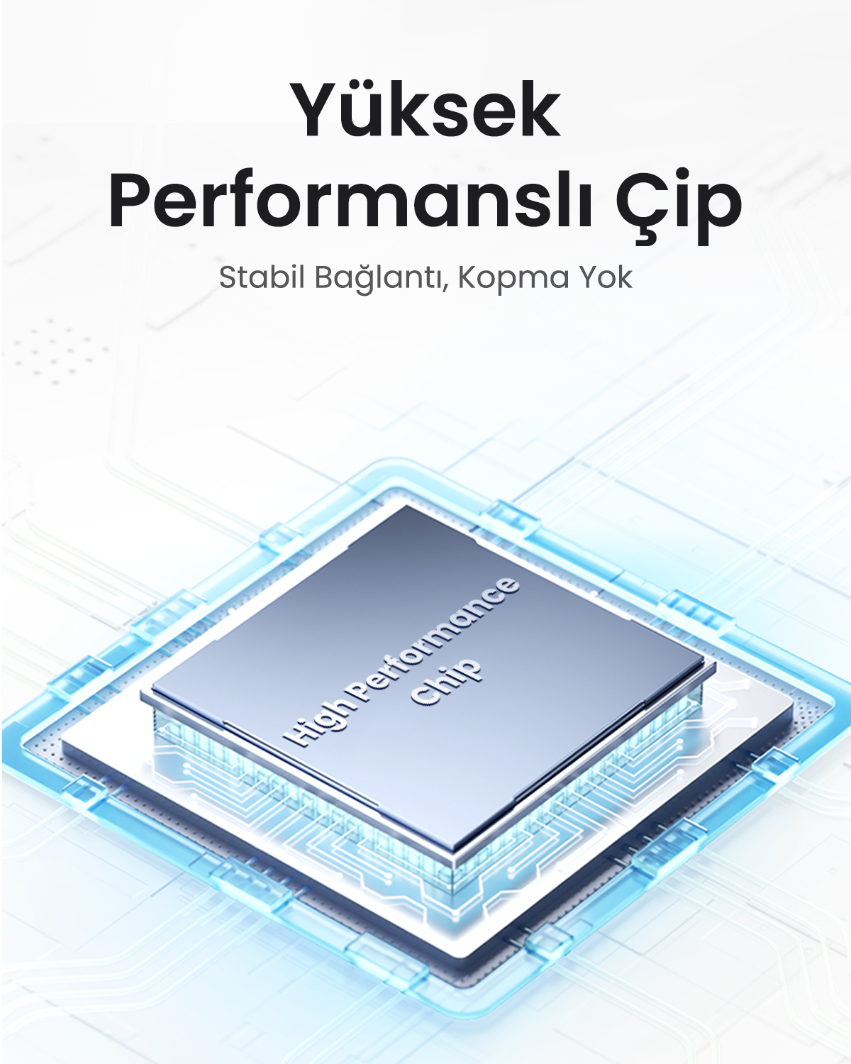 Chip ad alte prestazioni con circuiti e testo blu.