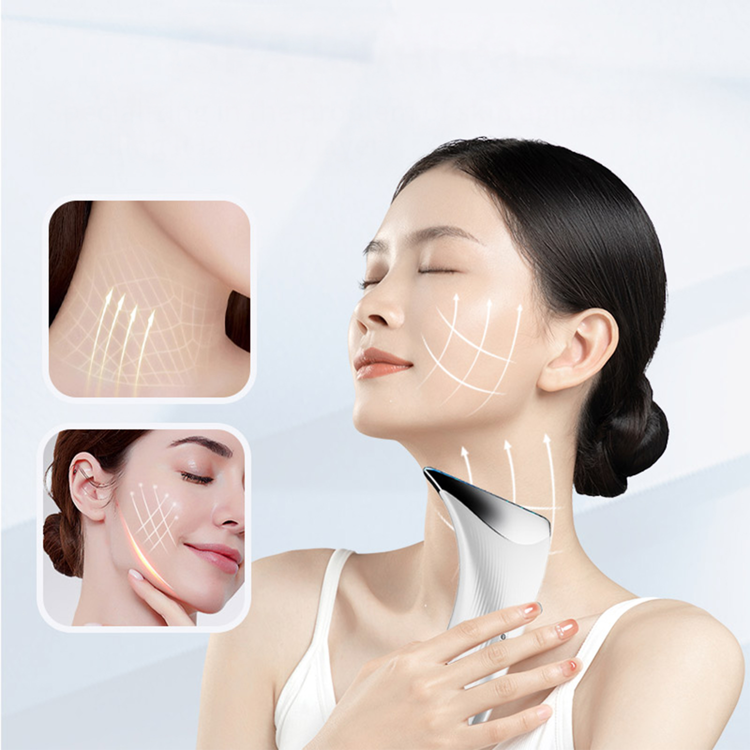 Donna con occhi chiusi usa un dispositivo skincare sul collo. Grafica a griglia mostra rassodamento.