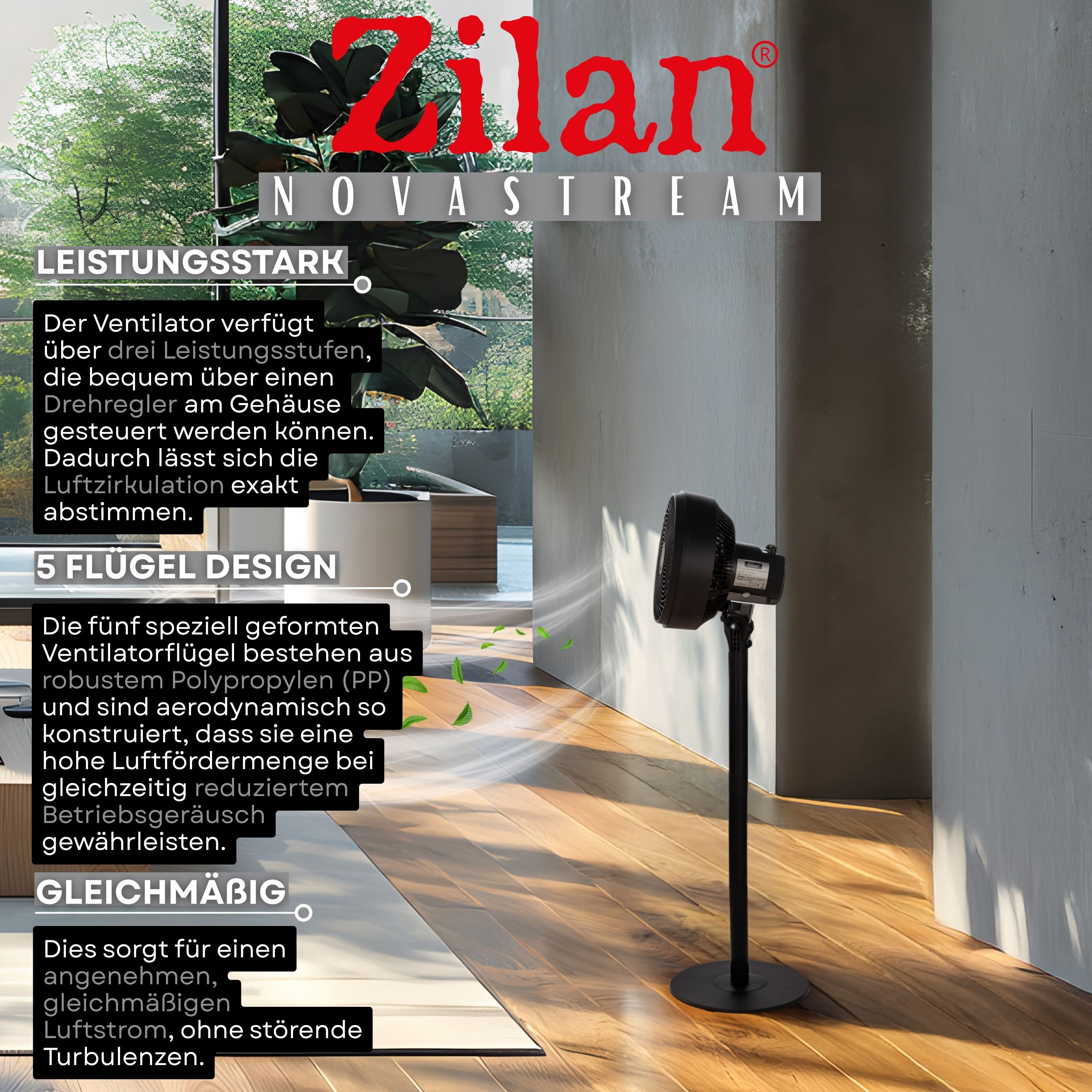 Ein schwarzer Zilan Ventilator mit 5 Flügeln steht auf einem Holzboden, mit grünen Blättern und Text.