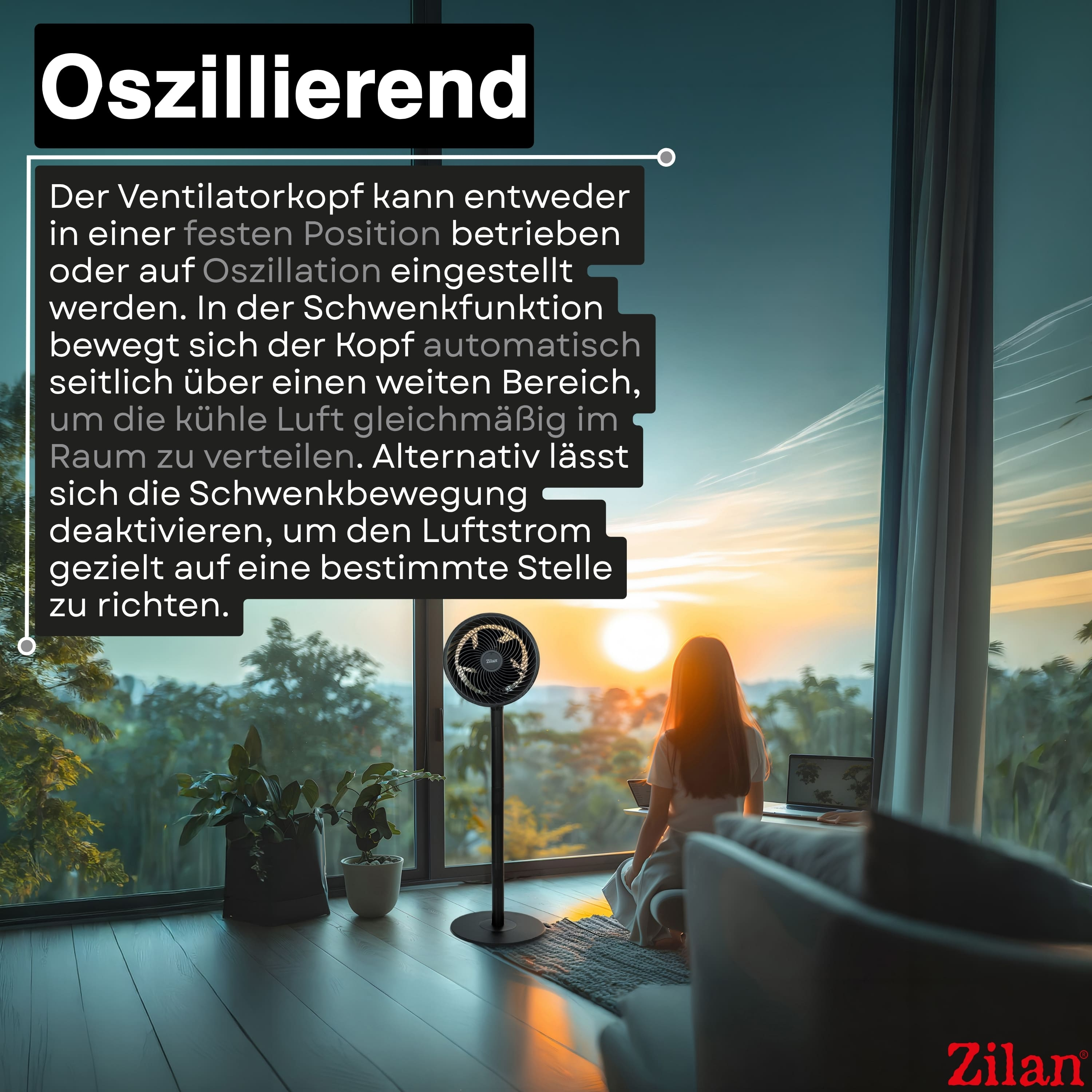 Ein Ventilator schwenkt seitlich vor einem Fenster mit Sonnenuntergang.