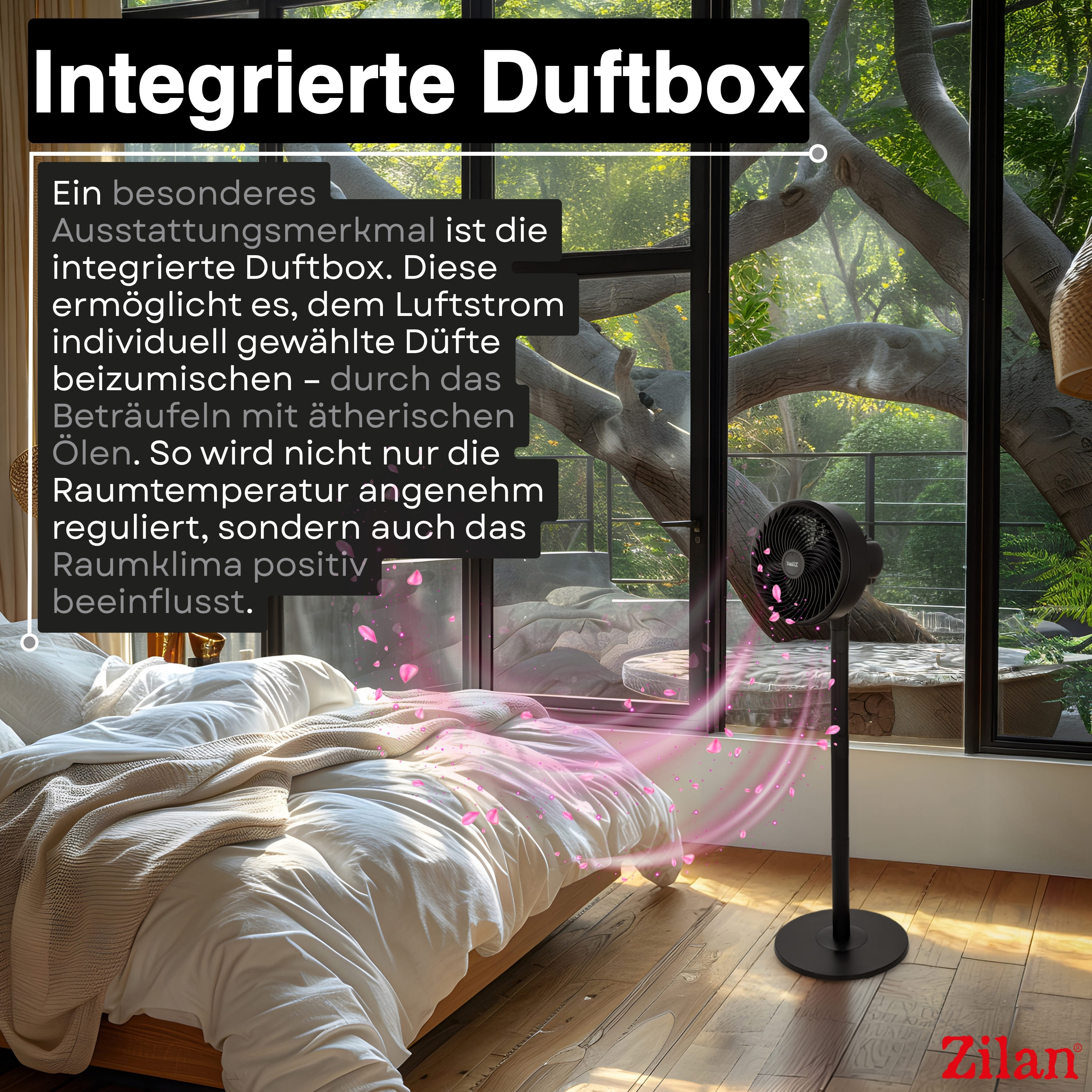 Ein schwarzer Ventilator steht neben einem Bett, pinke Blütenblätter schweben in der Luft.