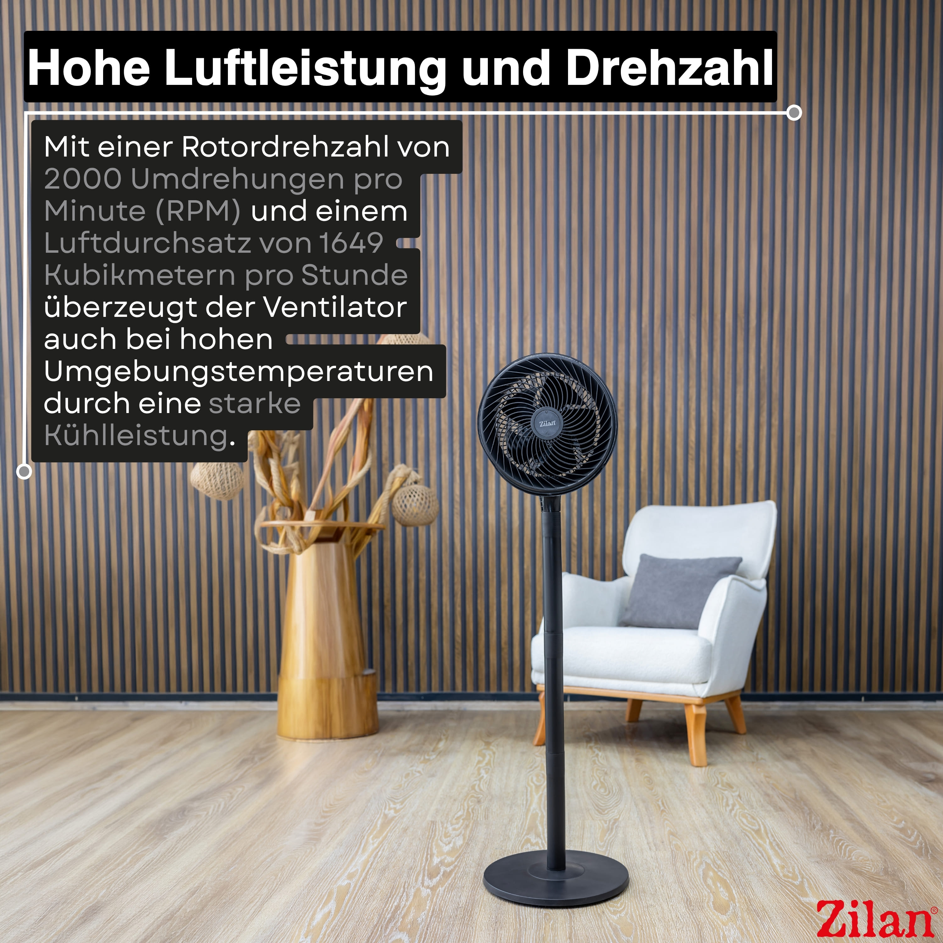 Ein schwarzer Standventilator steht neben einem weißen Sessel vor einer Holzpaneelwand.