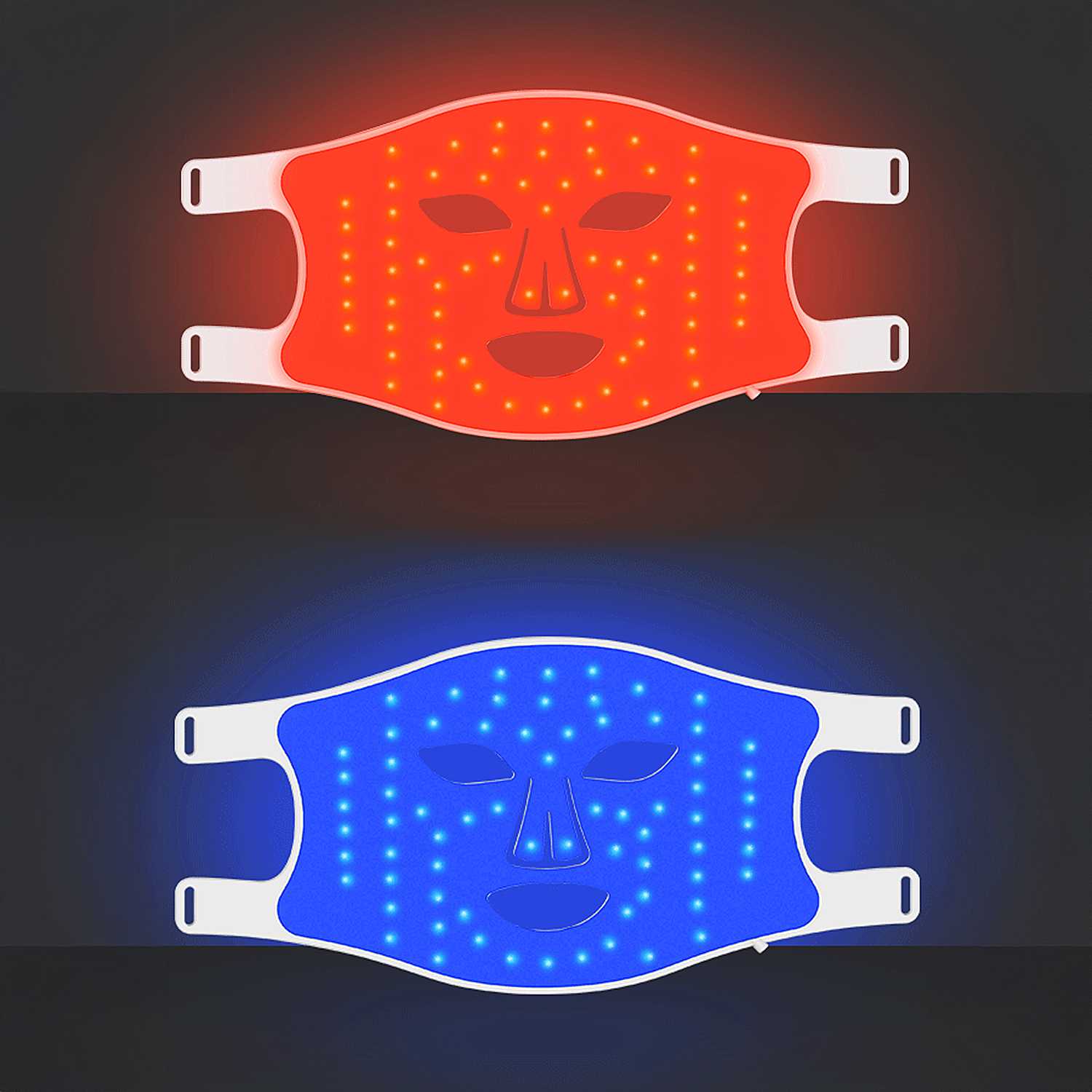 Dos mascarillas faciales LED, una roja y una azul, con correas blancas para las orejas.
