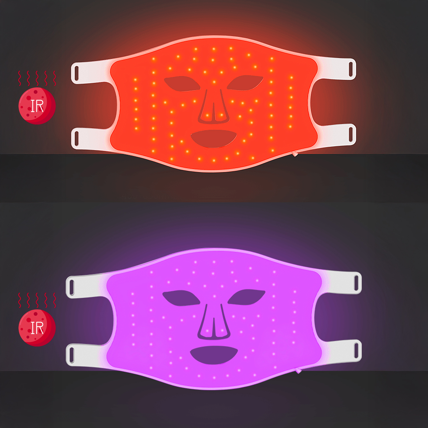 Máscara facial LED roja y morada con símbolo IR al lado.