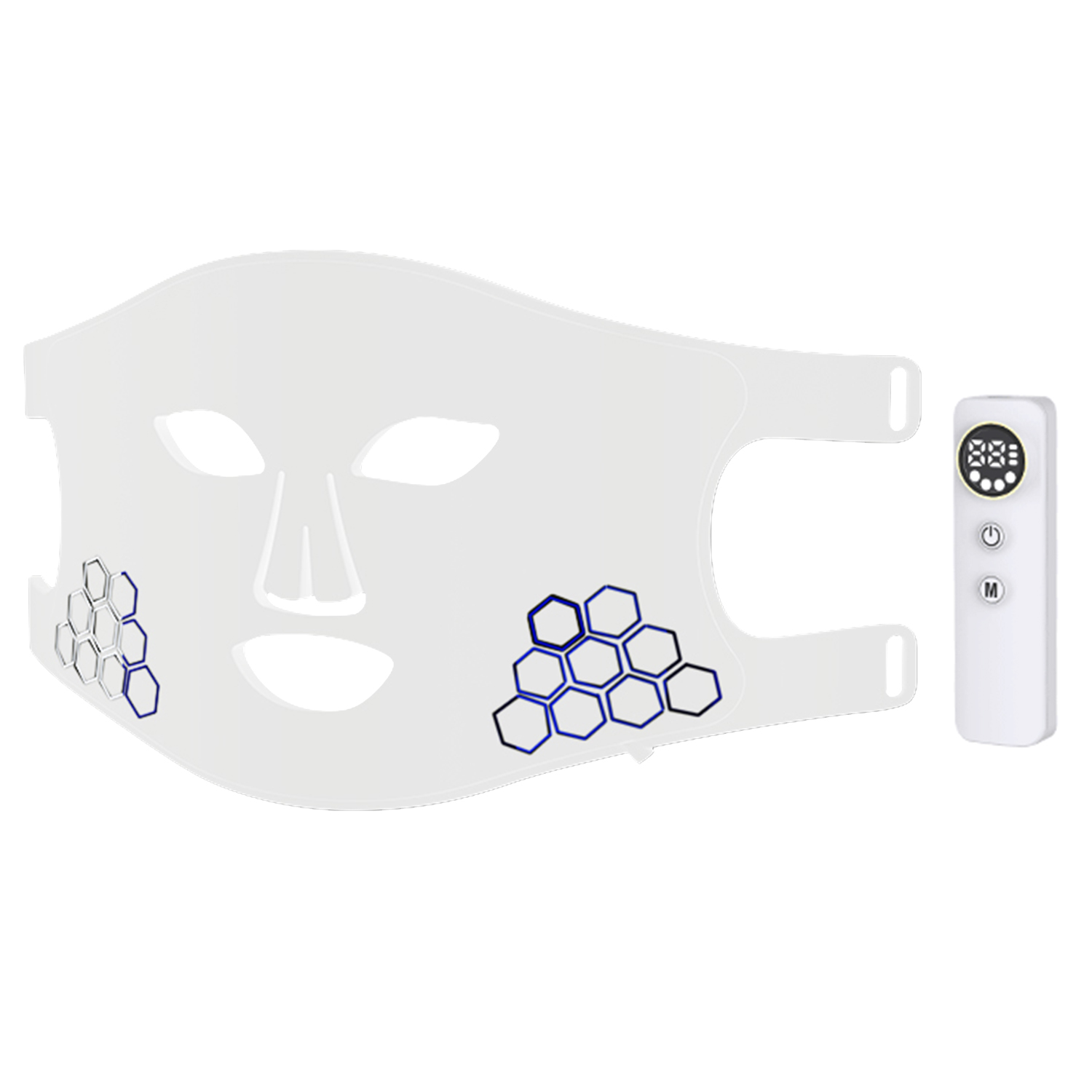 Una mascarilla facial blanca con patrones hexagonales azules y un dispositivo de control remoto blanco.