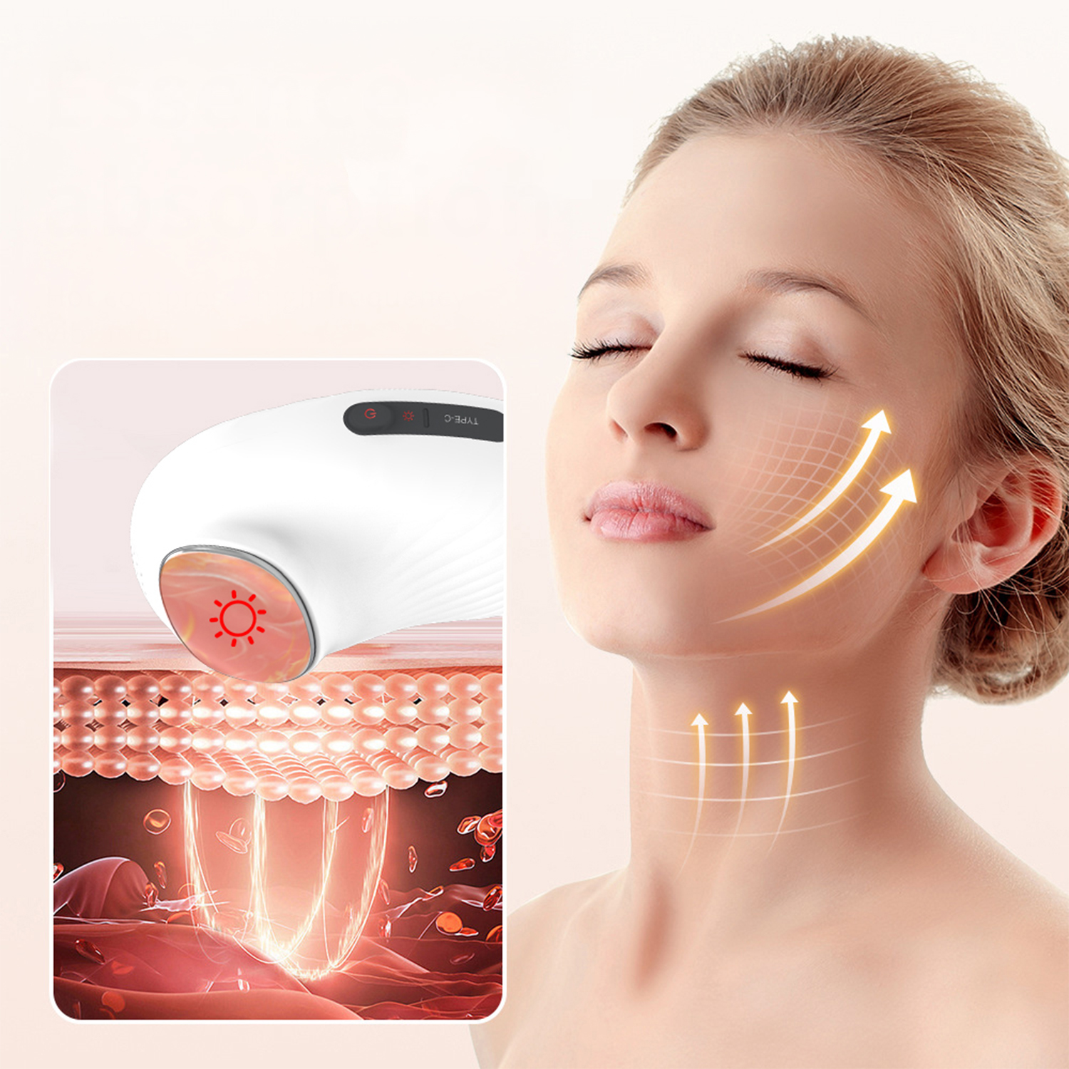 Un dispositivo per la cura della pelle a luce rossa viene applicato sulla pelle, stimolando la produzione di collagene.