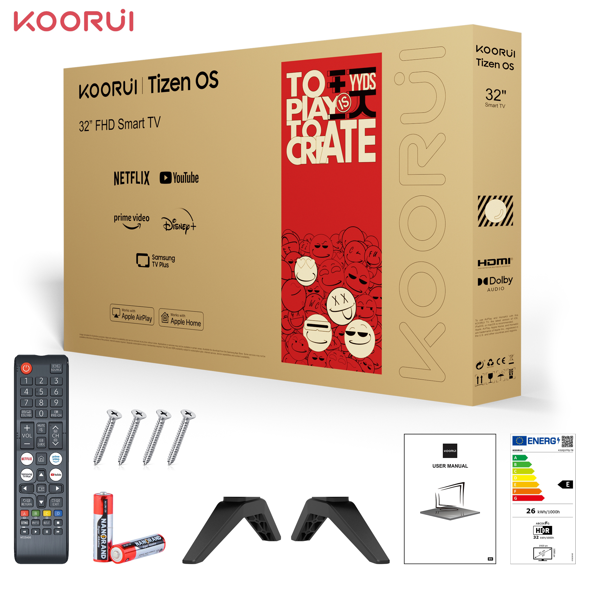 Koorui 32" Smart TV Karton mit Fernbedienung, Batterien, Schrauben, Ständern und Handbuch.