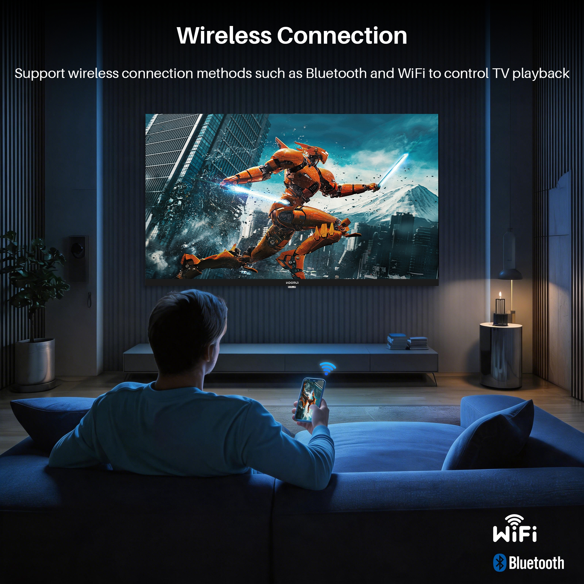 Mann auf Couch benutzt Handy mit WLAN-Symbol zur Steuerung des Fernsehers mit Roboter-Kampf.