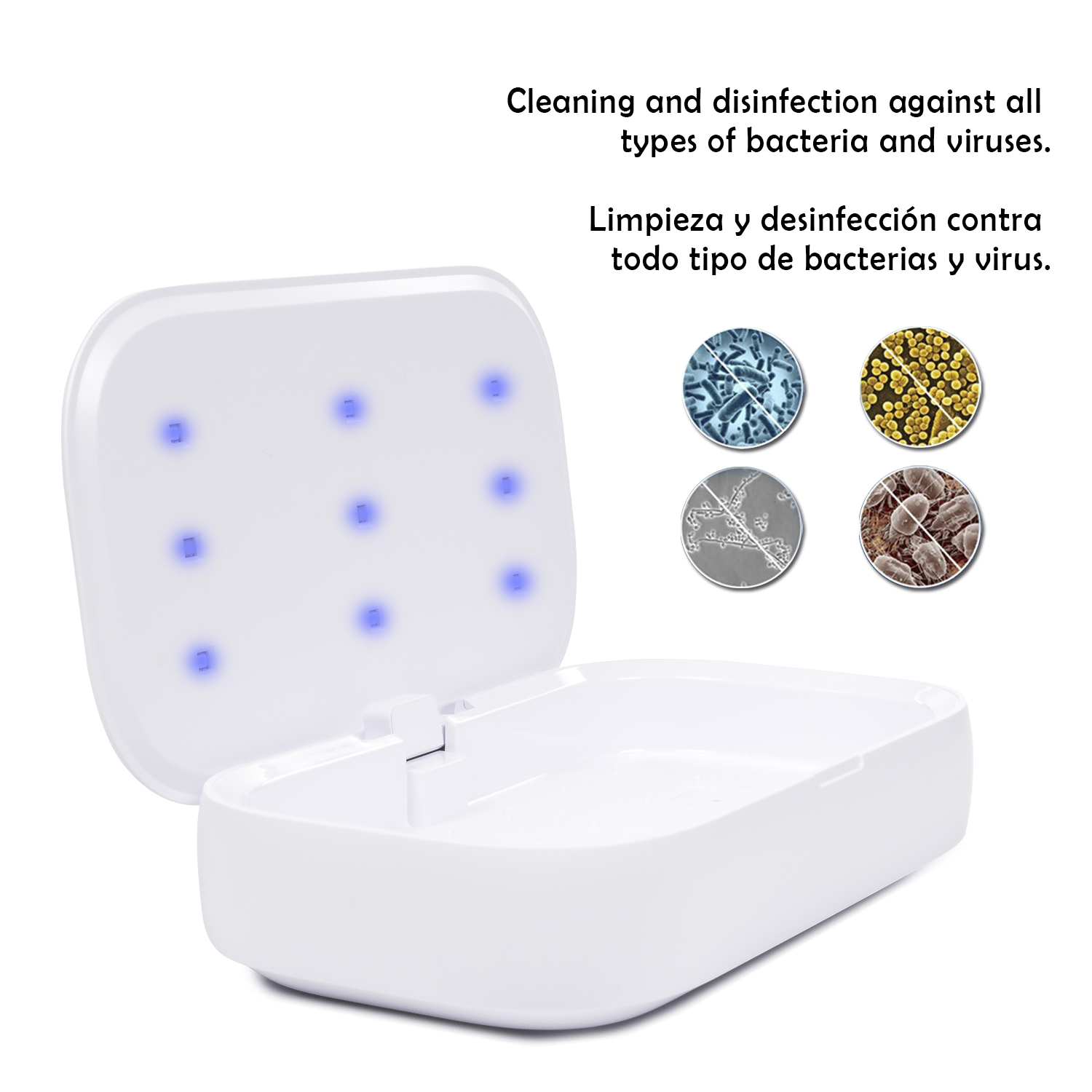 Una scatola disinfettante bianca con LED blu e immagini di batteri.