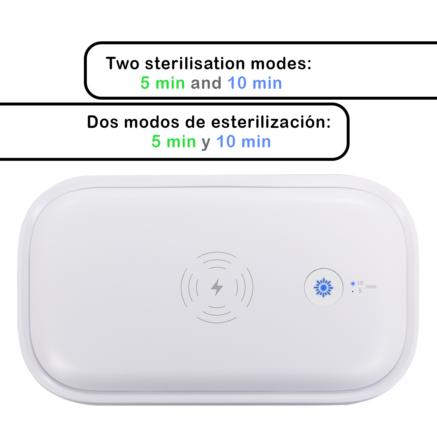 Scatola sterilizzatrice bianca con modalità 5 e 10 min, simbolo di ricarica wireless.
