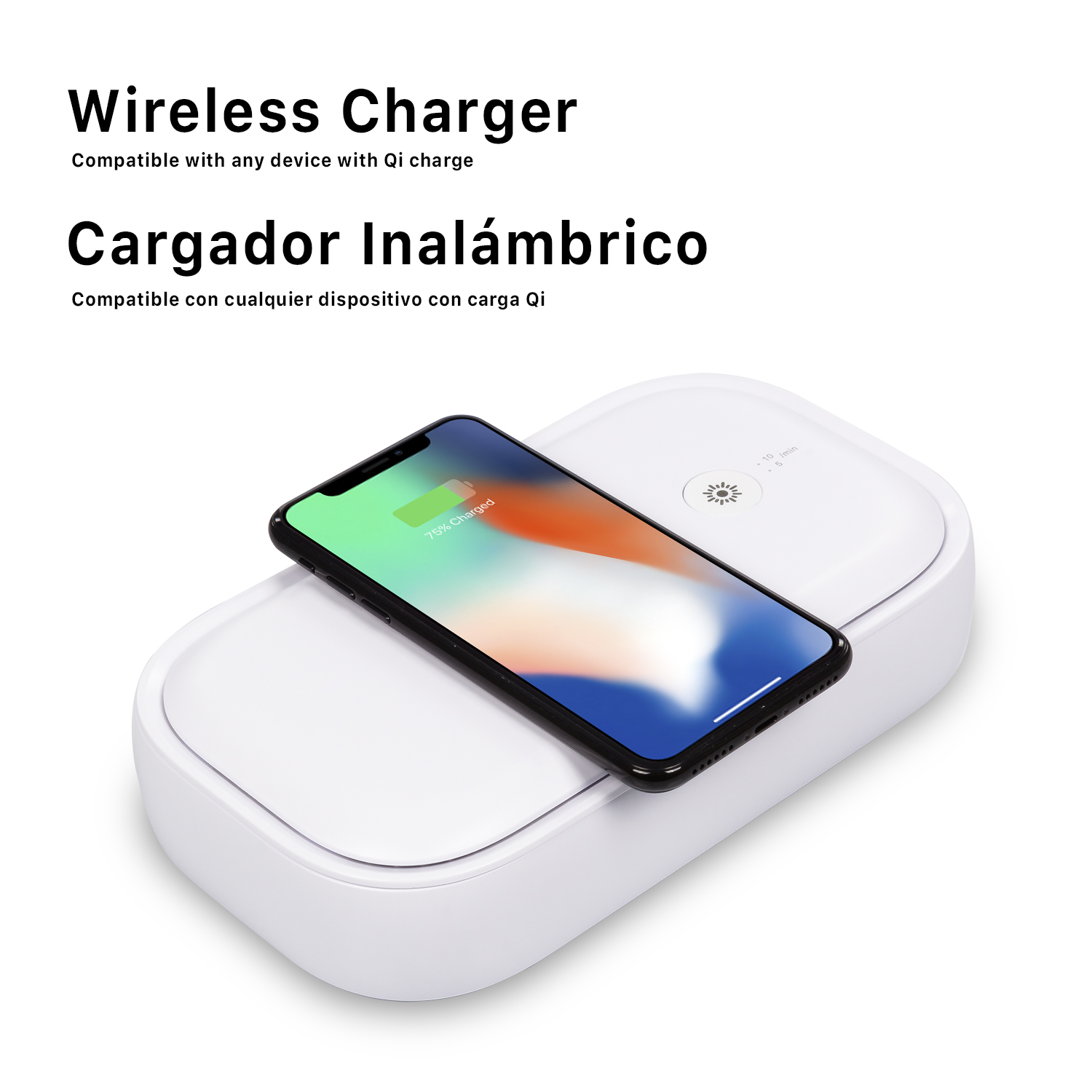 Uno smartphone bianco si carica su un caricatore wireless bianco che funge anche da disinfettante.