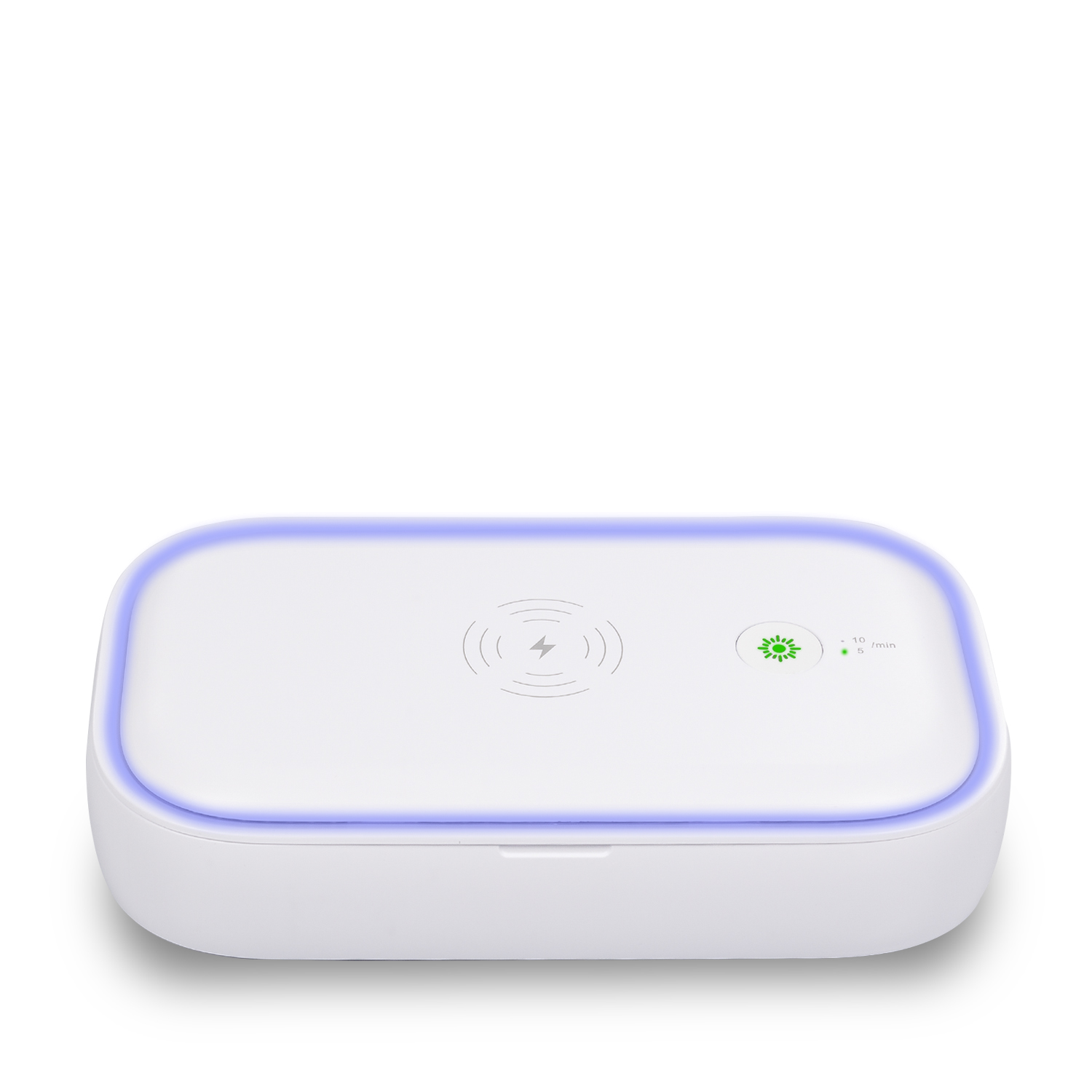 Una scatola sterilizzatrice UV bianca con anello luminoso blu e simbolo di ricarica wireless.