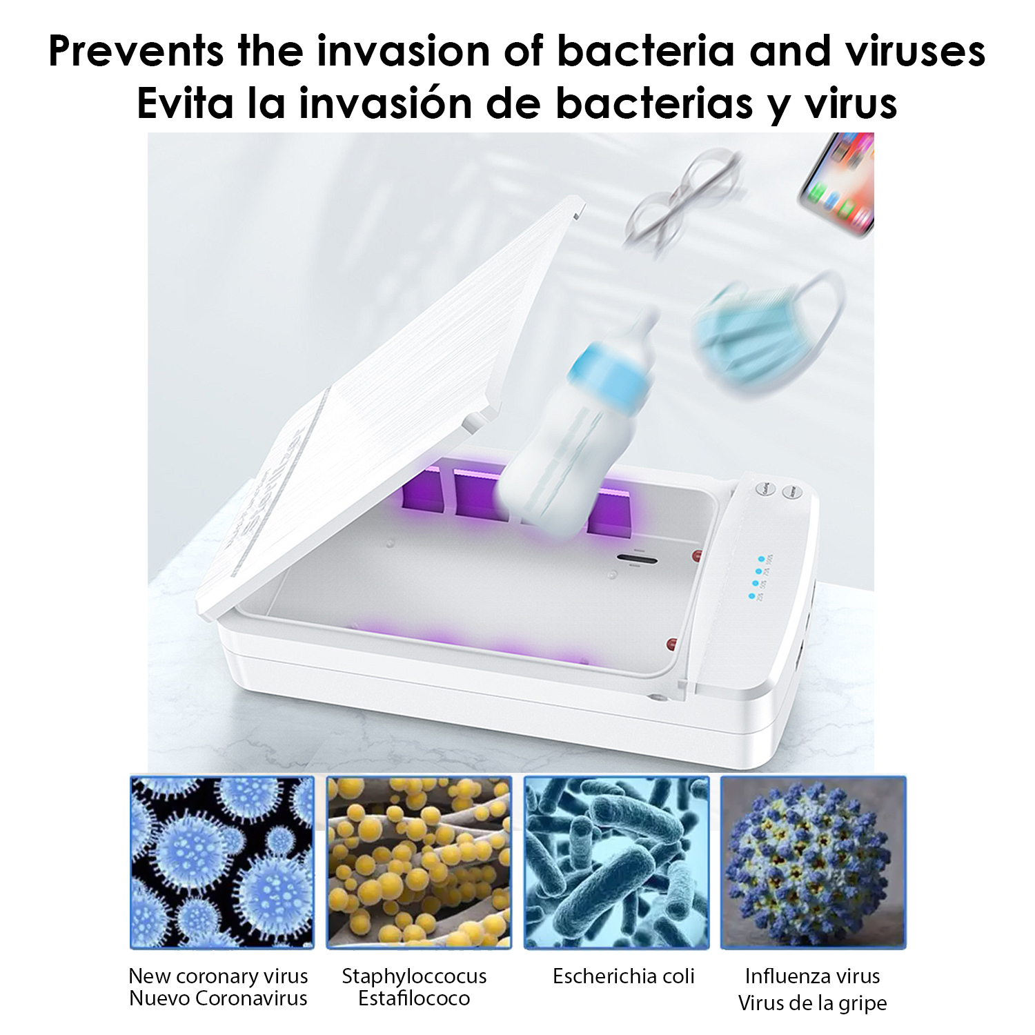 Una scatola sterilizzatrice UV con biberon, maschera, occhiali e telefono.