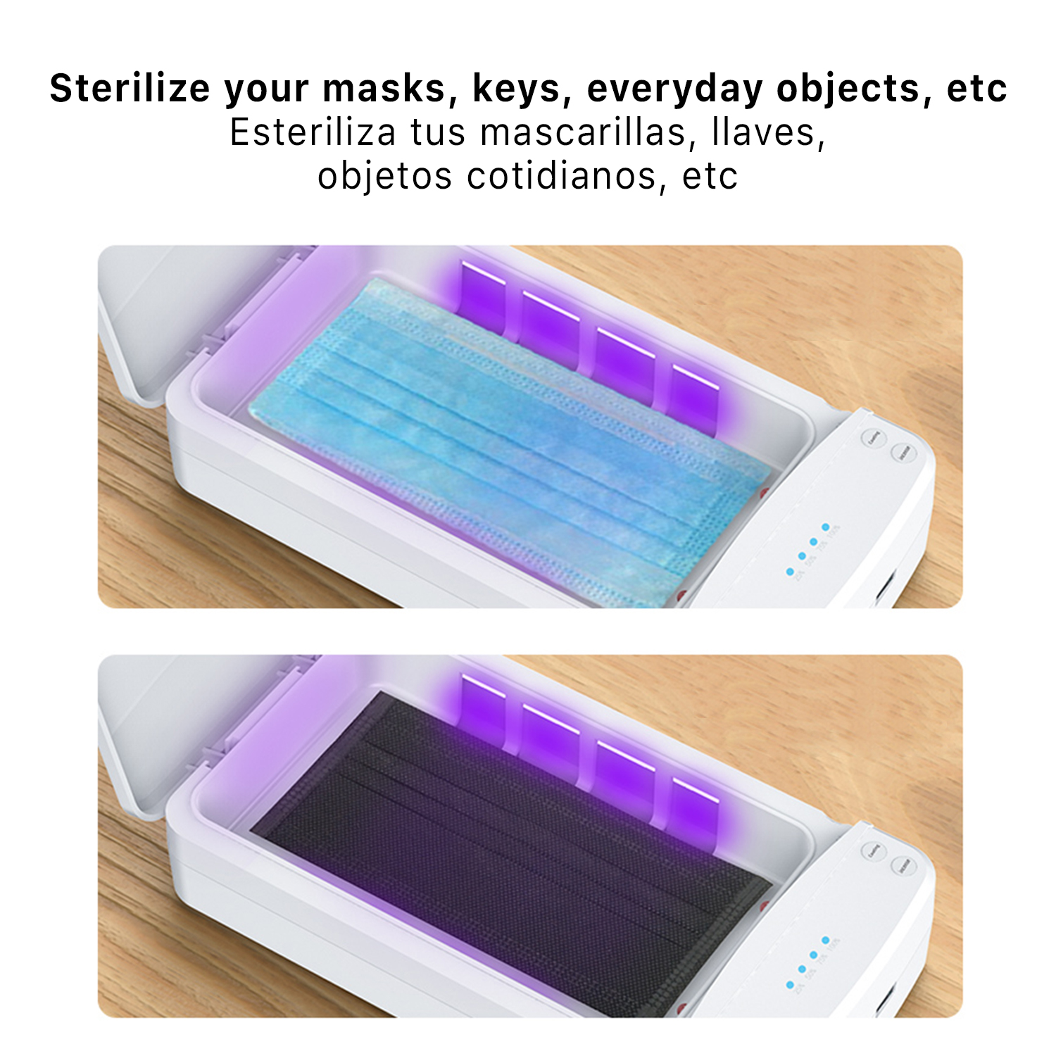 Sterilizzatore con maschera blu e nera sotto luce UV.